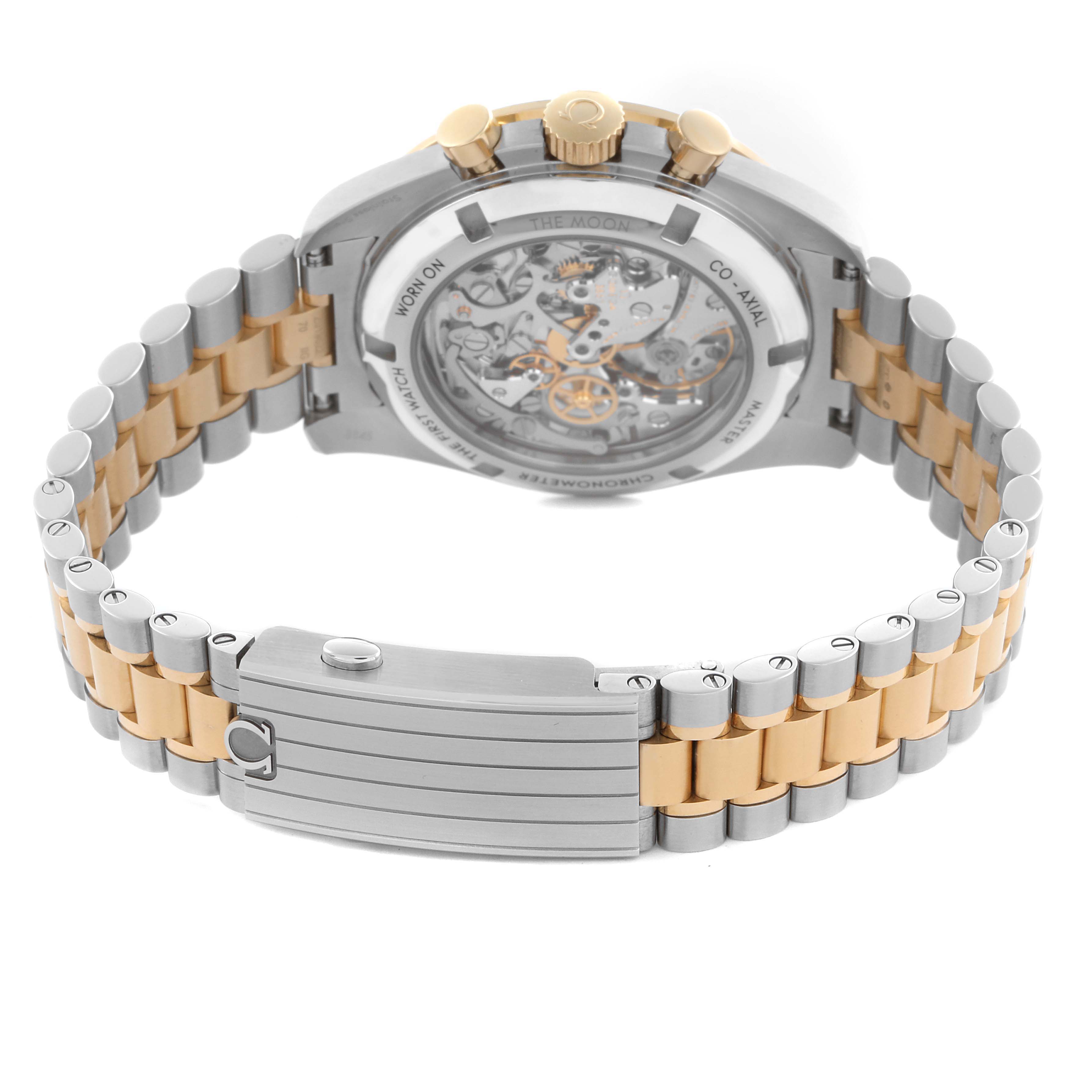 The Omega Speedmaster 310.20.42.50.02.001 Men's Steel and Gold (two tone) Silver Dial 310.20.42.50.02.001 Men's Steel and Gold (two tone) Silver Dial is shown from a rear angle, highlighting the transparent case back and metal bracelet with gold accents.