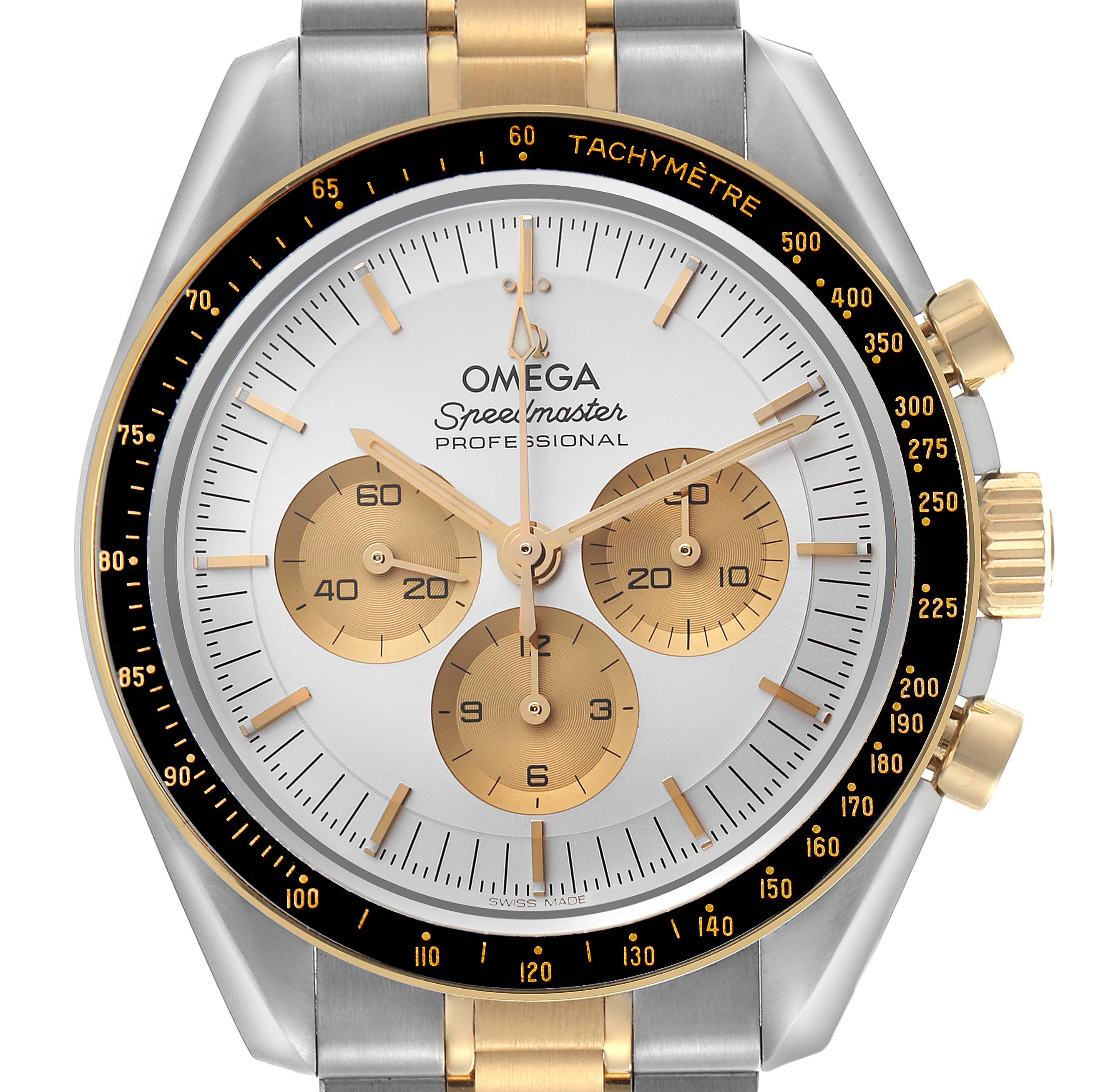 The Omega Speedmaster 310.20.42.50.02.001 Men's Steel and Gold (two tone) Silver Dial 310.20.42.50.02.001 Men's Steel and Gold (two tone) Silver Dial model is shown from a frontal angle, highlighting the dial, subdials, and bezel detail.