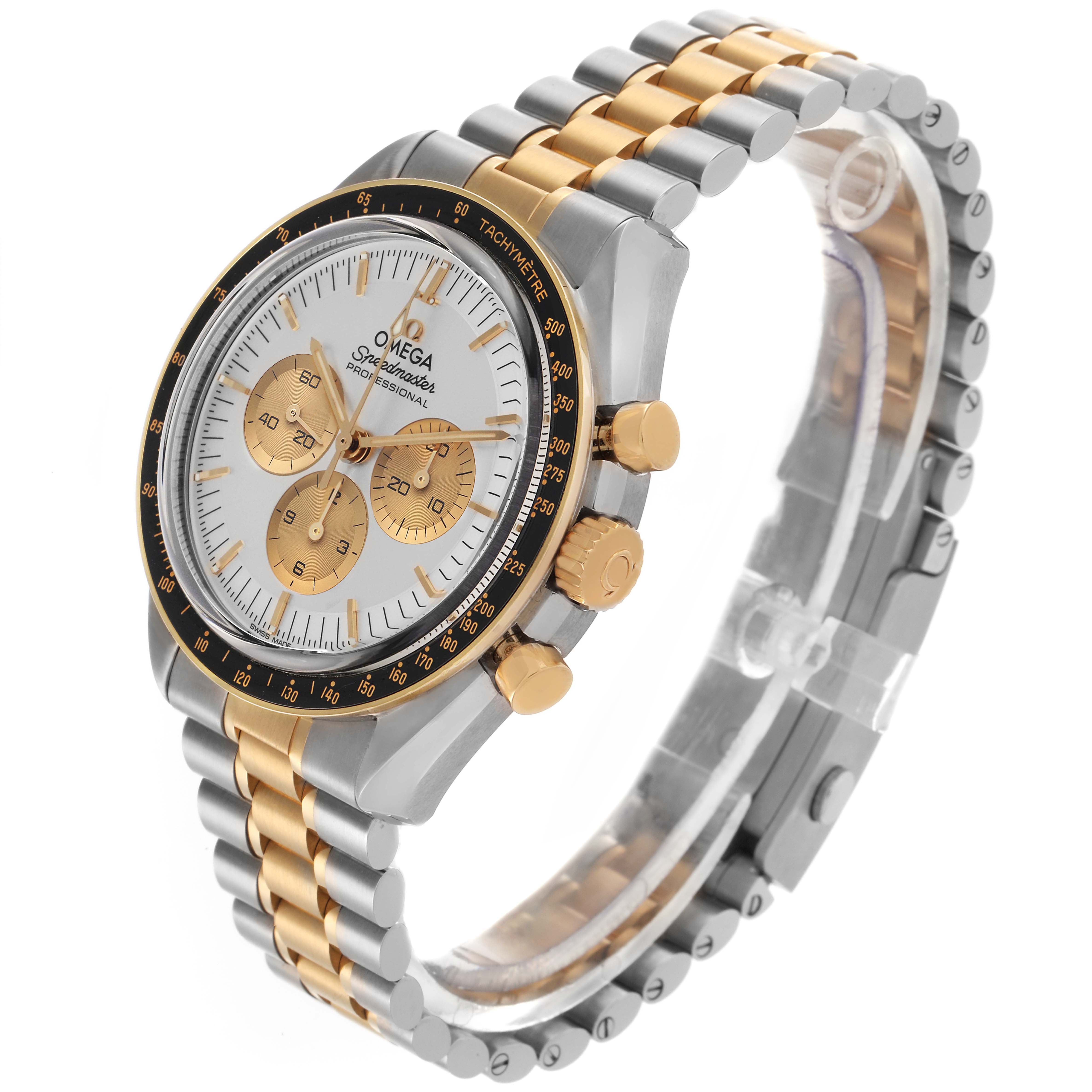 The Omega Speedmaster 310.20.42.50.02.001 Men's Steel and Gold (two tone) Silver Dial 310.20.42.50.02.001 Men's Steel and Gold (two tone) Silver Dial watch is shown at a three-quarter angle highlighting the dial, bezel, chronograph buttons, and two-tone bracelet.