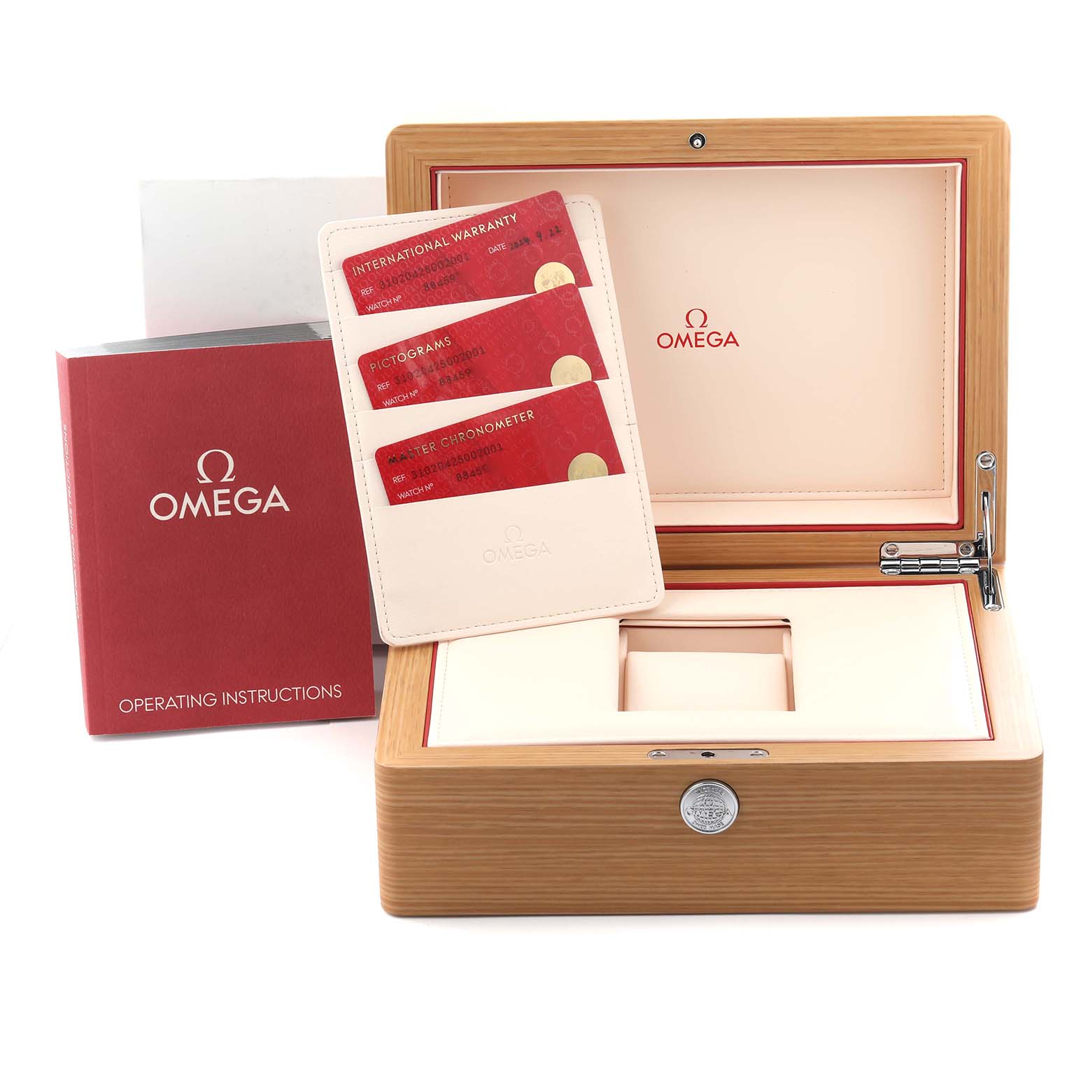 The image shows the Omega Speedmaster 310.20.42.50.02.001 Men's Steel and Gold (two tone) Silver Dial 310.20.42.50.02.001 Men's Steel and Gold (two tone) Silver Dial's box, warranty cards, and operating instructions.