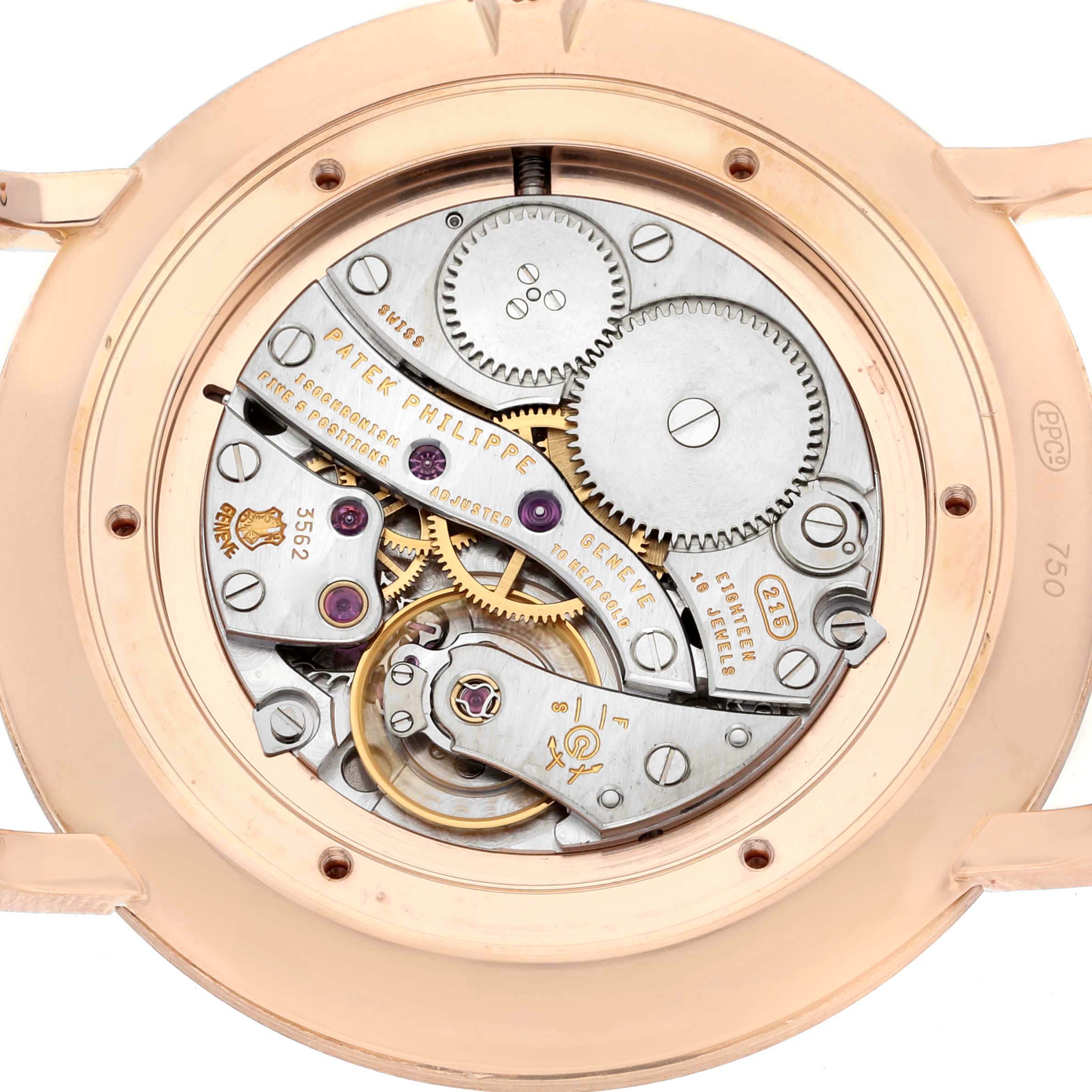 This is the back view of a Patek Philippe Calatrava 5119R-001 Men's Rose Gold White Dial 5119R-001 Men's Rose Gold White Dial watch, showing its intricate mechanical movement.