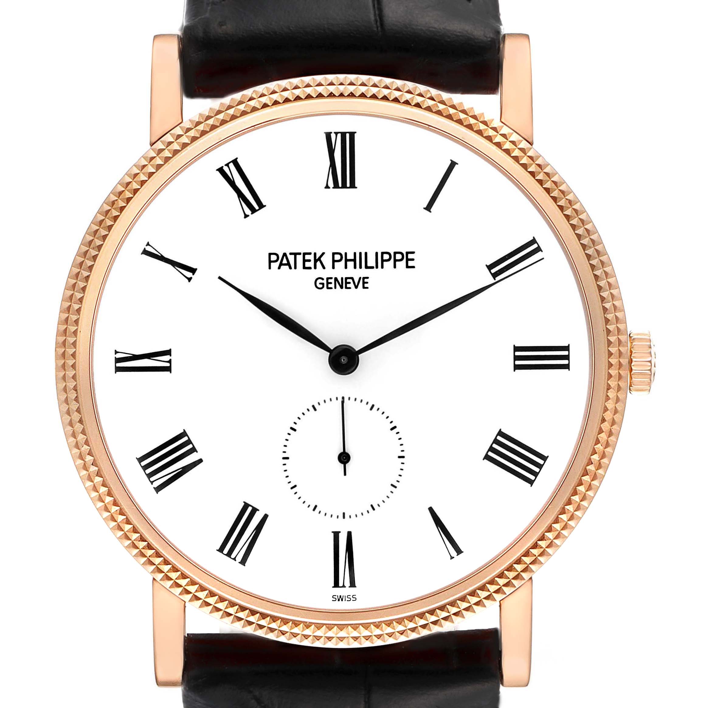 This Patek Philippe Calatrava 5119R-001 Men's Rose Gold White Dial 5119R-001 Men's Rose Gold White Dial watch is shown from a top-down angle, displaying the watch face, crown, and part of the leather strap.