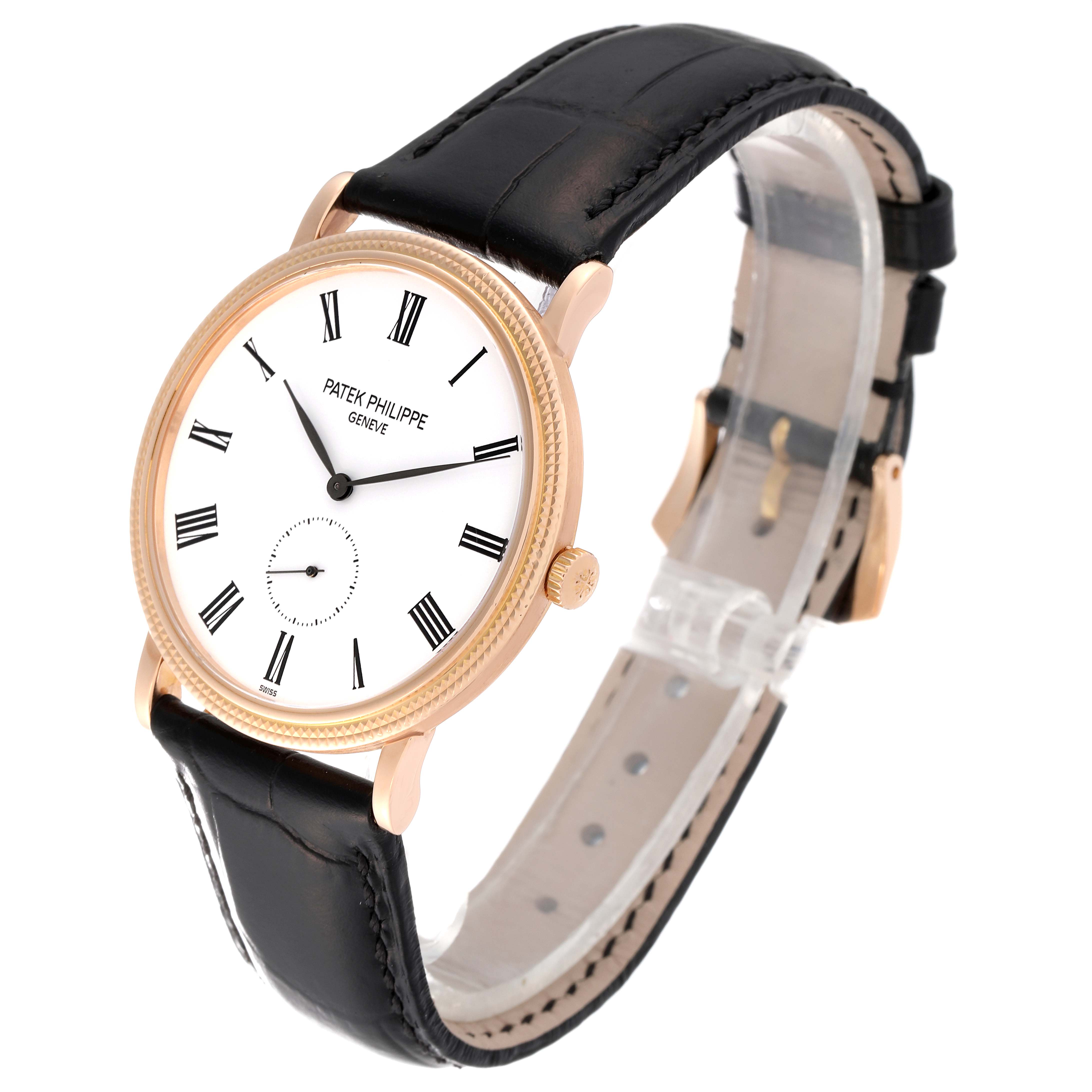 The image shows a Patek Philippe Calatrava 5119R-001 Men's Rose Gold White Dial 5119R-001 Men's Rose Gold White Dial watch from a side angle, highlighting its face, crown, and strap.