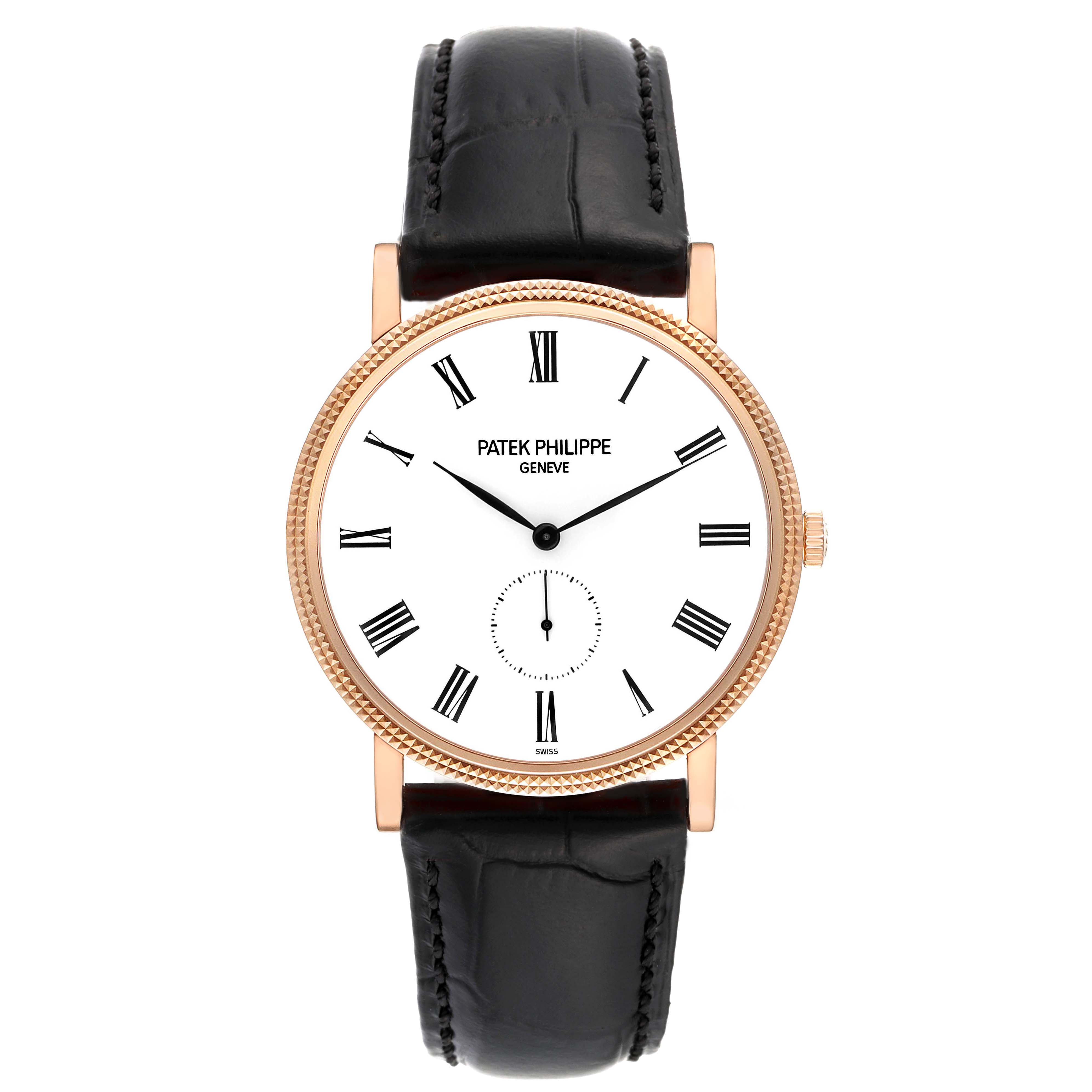 The image shows a front view of a Patek Philippe Calatrava 5119R-001 Men's Rose Gold White Dial 5119R-001 Men's Rose Gold White Dial watch with a black leather strap and gold case.