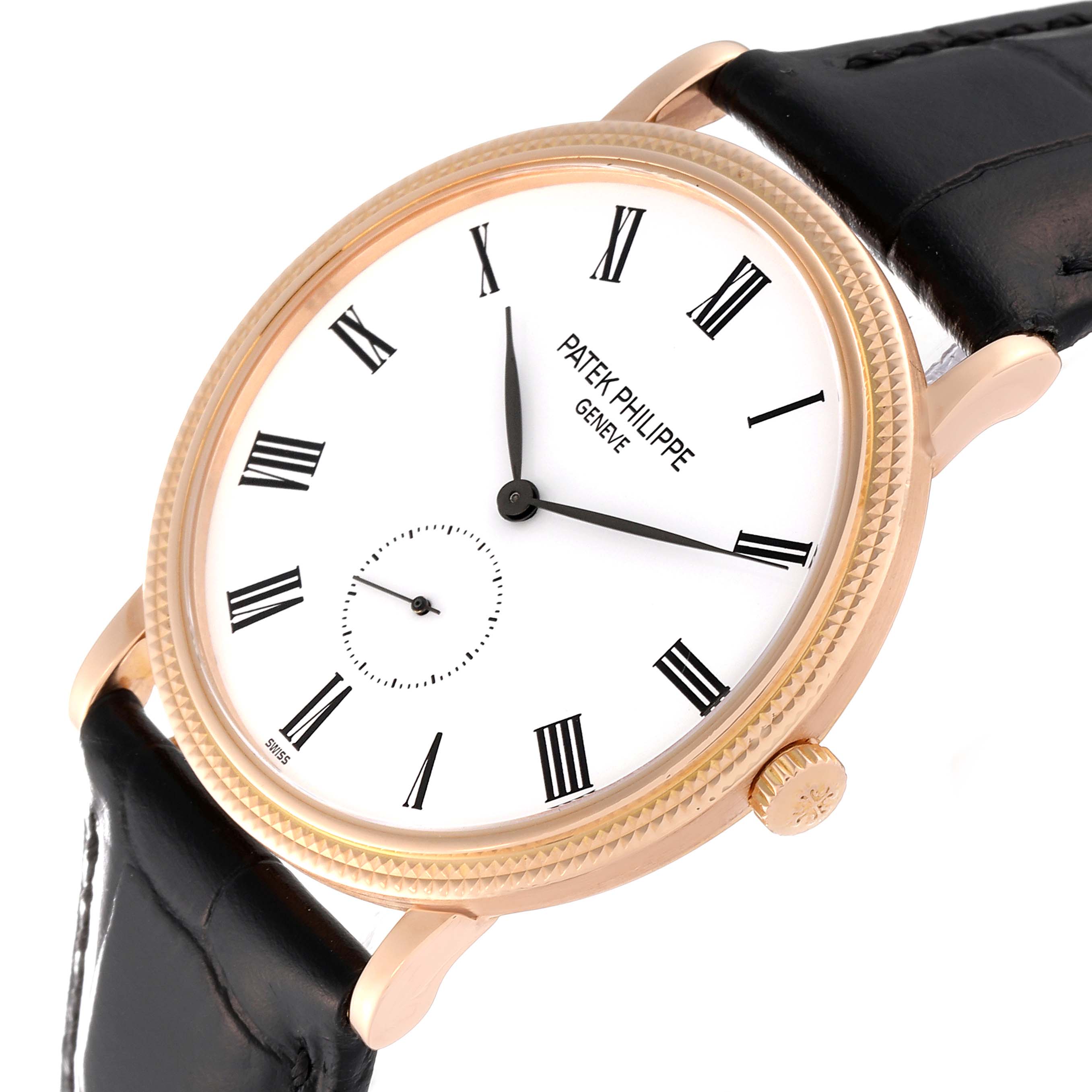 This image shows a Patek Philippe Calatrava 5119R-001 Men's Rose Gold White Dial 5119R-001 Men's Rose Gold White Dial watch at an angled view highlighting the dial, case, and strap.