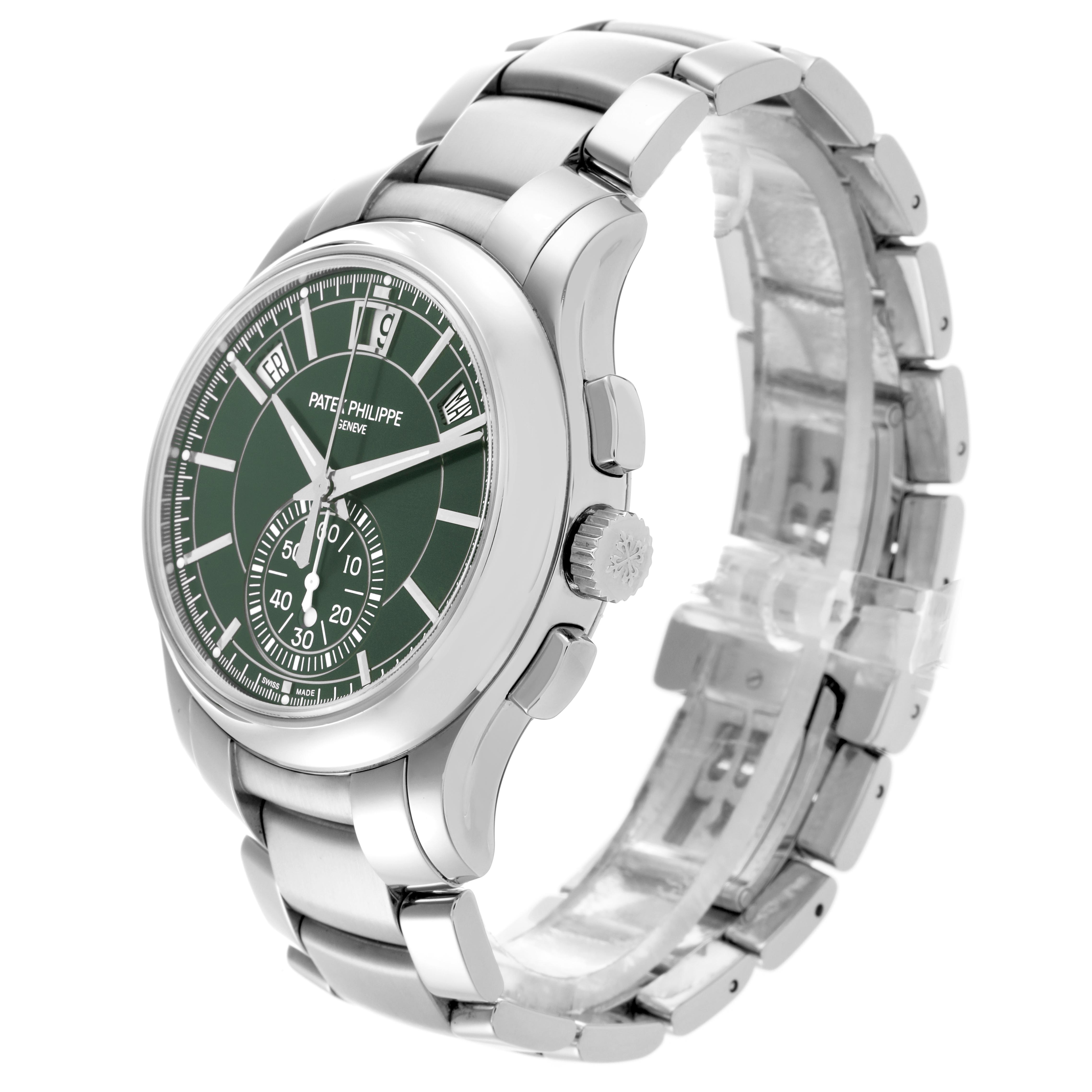 The Patek Philippe Complications 5905/1A-001 Men's Stainless Steel Green Dial 5905/1A-001 Men's Stainless Steel Green Dial watch is shown at an angle highlighting the dial, crown, pushers, and bracelet.