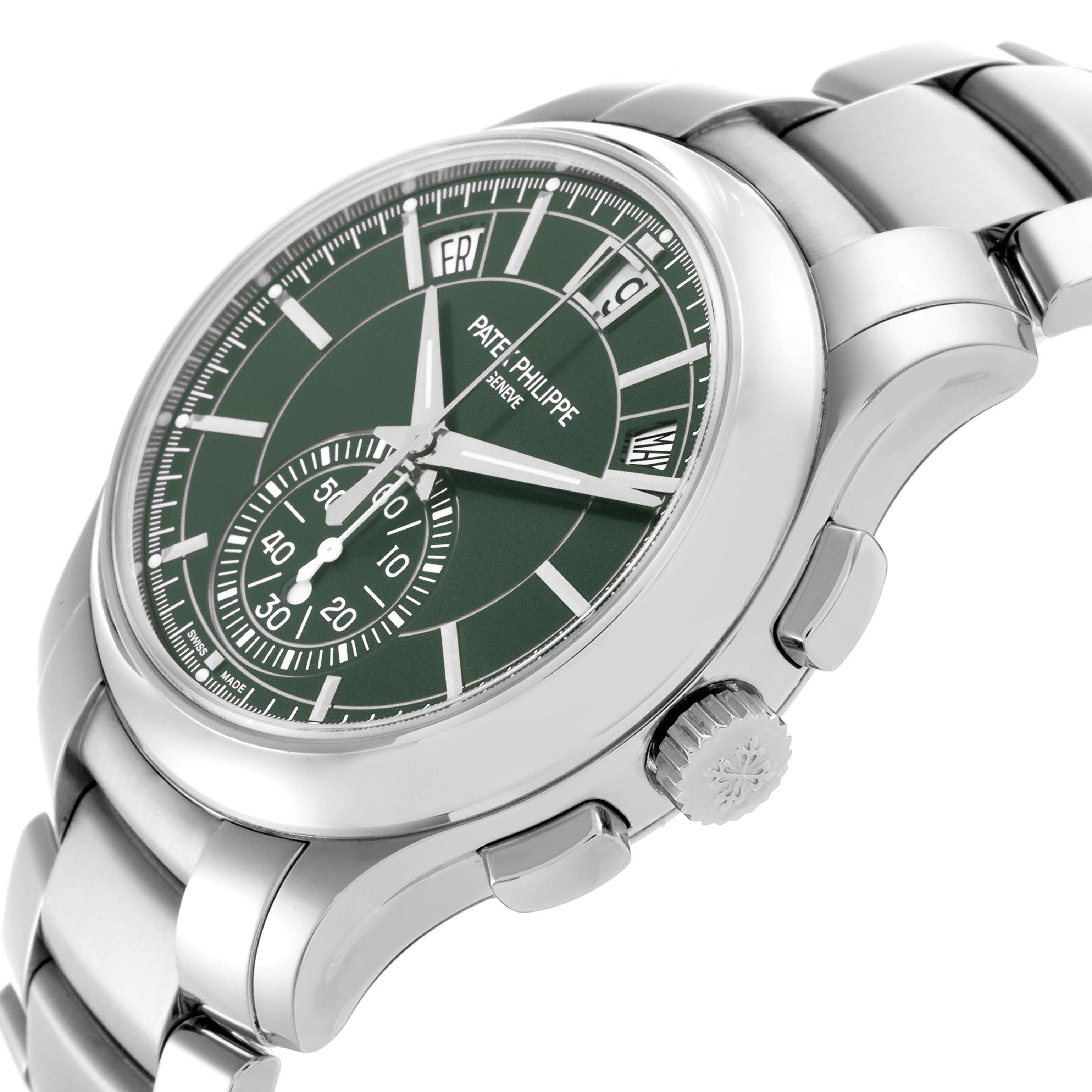 The Patek Philippe Complications 5905/1A-001 Men's Stainless Steel Green Dial 5905/1A-001 Men's Stainless Steel Green Dial watch is shown at a side angle, highlighting the green dial, crown, and pushers.