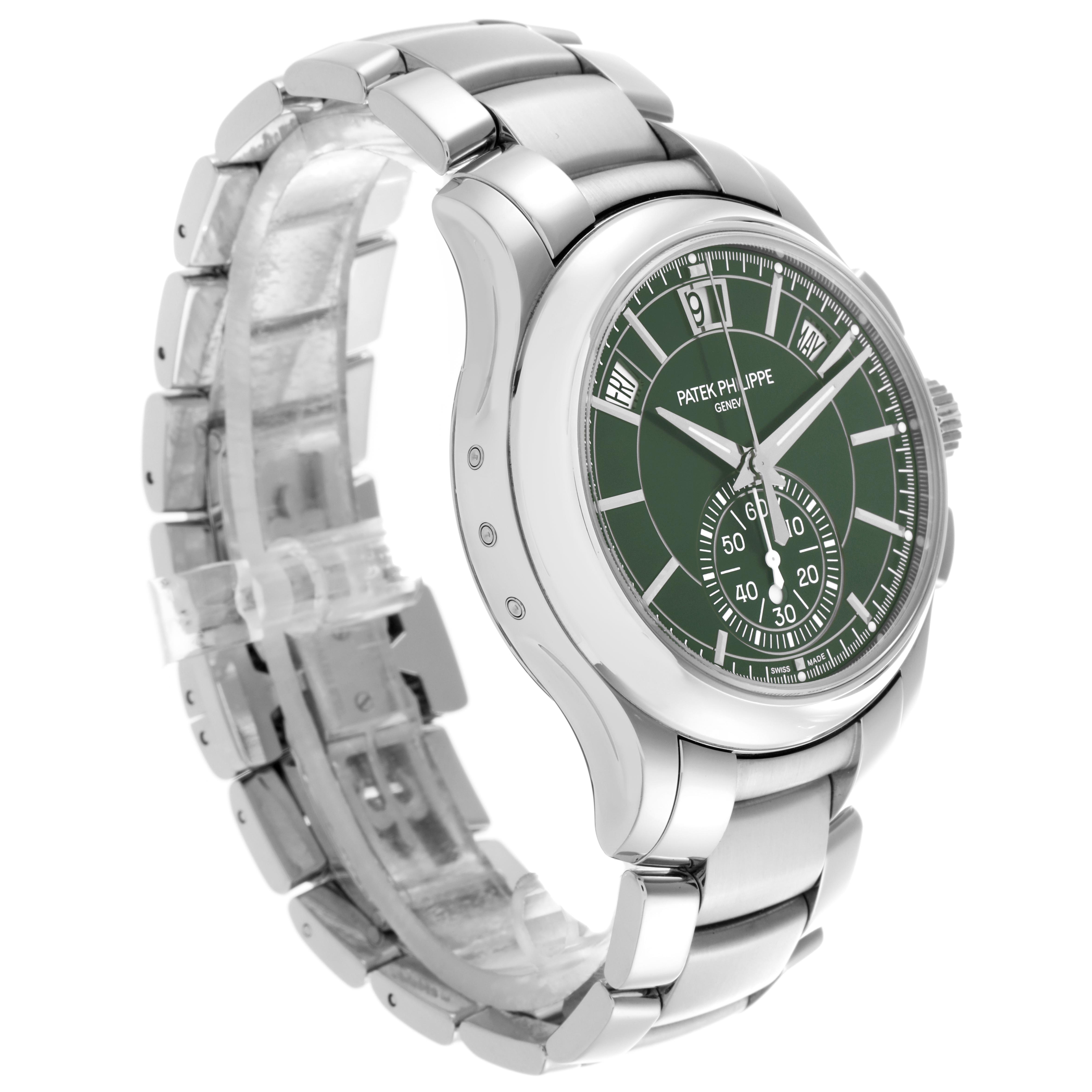 The Patek Philippe Complications 5905/1A-001 Men's Stainless Steel Green Dial 5905/1A-001 Men's Stainless Steel Green Dial watch is shown at a three-quarter angle, highlighting the green dial, silver case, and bracelet.