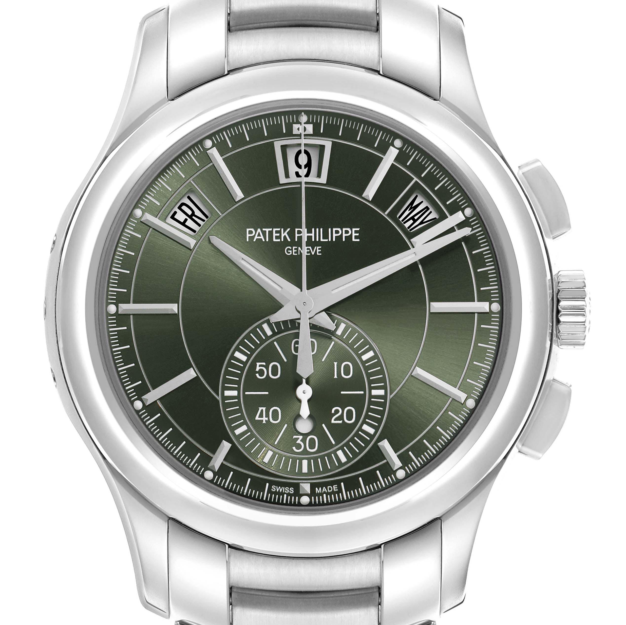 The Patek Philippe Complications 5905/1A-001 Men's Stainless Steel Green Dial 5905/1A-001 Men's Stainless Steel Green Dial watch is shown from the front, highlighting its green dial, day-date display, and subdial.