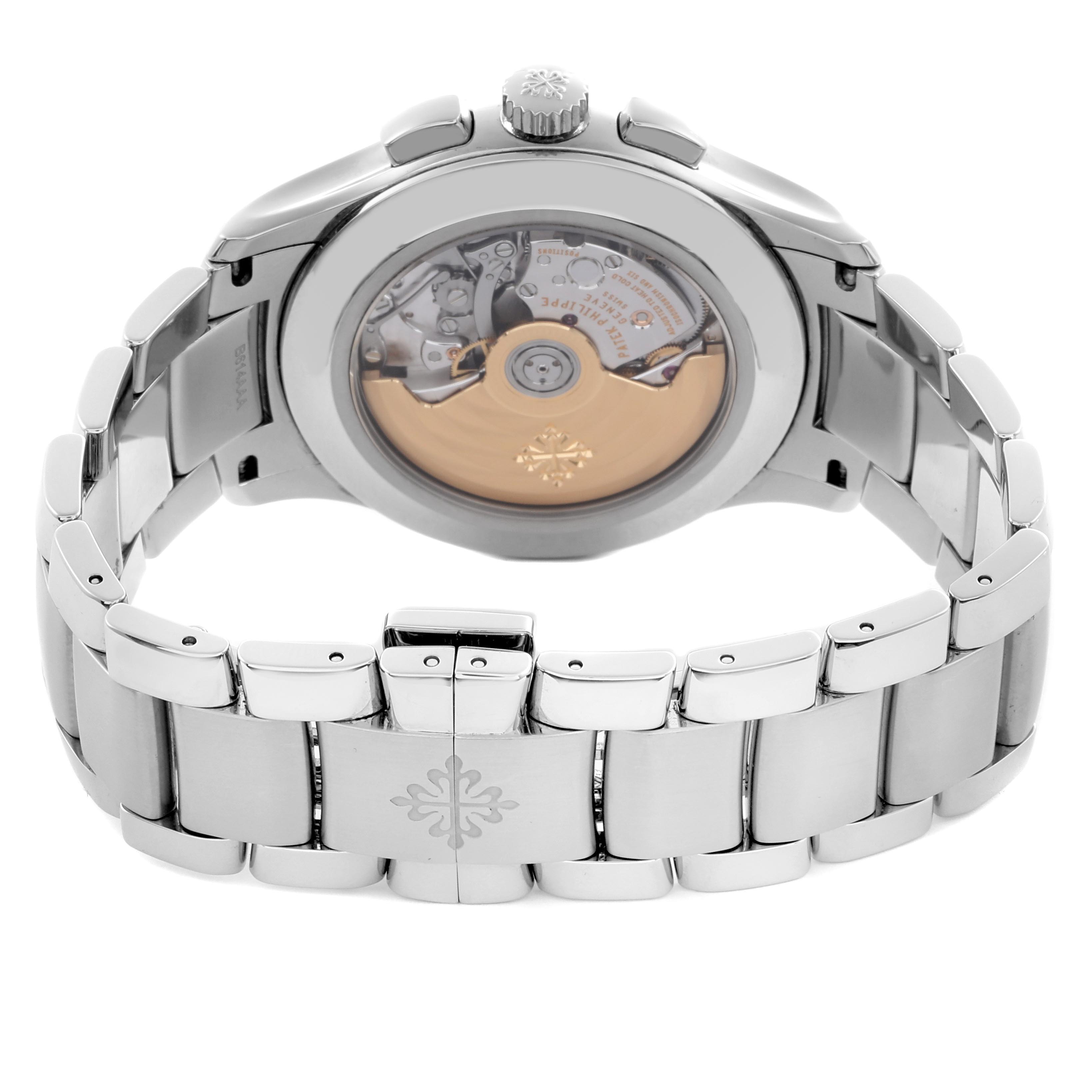 The image shows the back view of a Patek Philippe Complications 5905/1A-001 Men's Stainless Steel Green Dial 5905/1A-001 Men's Stainless Steel Green Dial model, highlighting the transparent case back and metal bracelet.