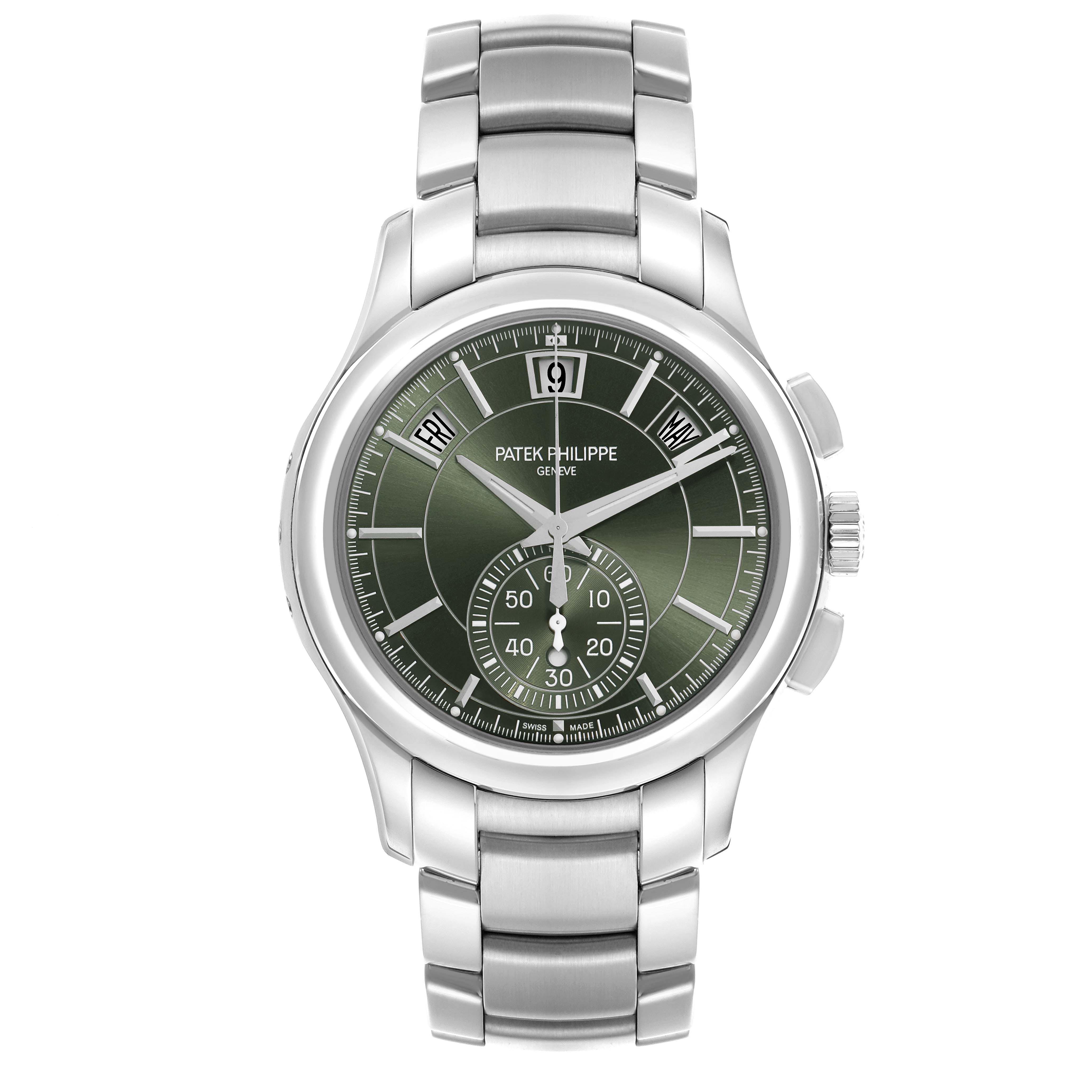 The Patek Philippe Complications 5905/1A-001 Men's Stainless Steel Green Dial 5905/1A-001 Men's Stainless Steel Green Dial model is shown from the front, displaying its dial, bracelet, and side buttons.