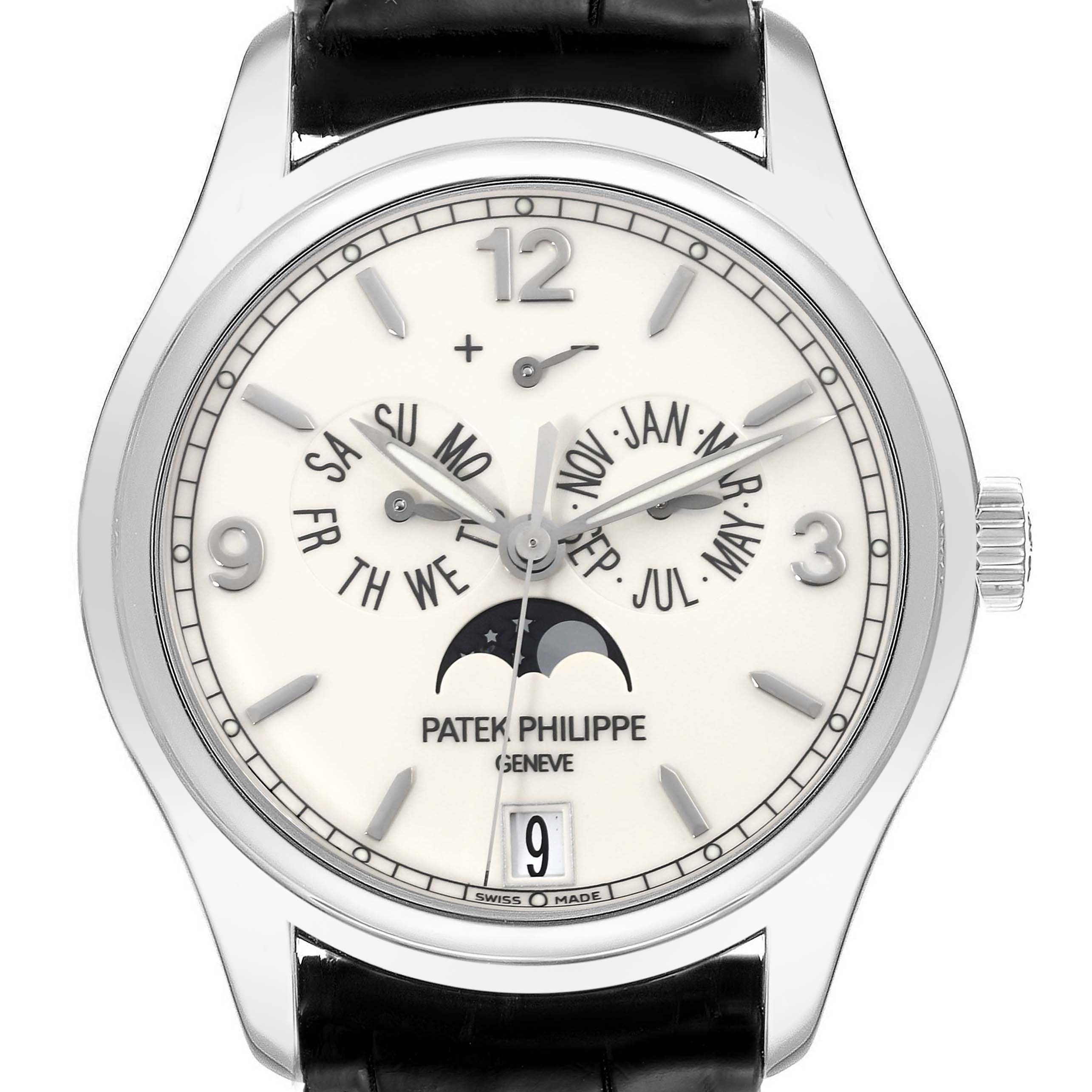 This is a frontal view of the Patek Philippe Complications 5146G Men's White Gold Beige Dial 5146G Men's White Gold Beige Dial watch, showcasing its face, hands, and leather strap.