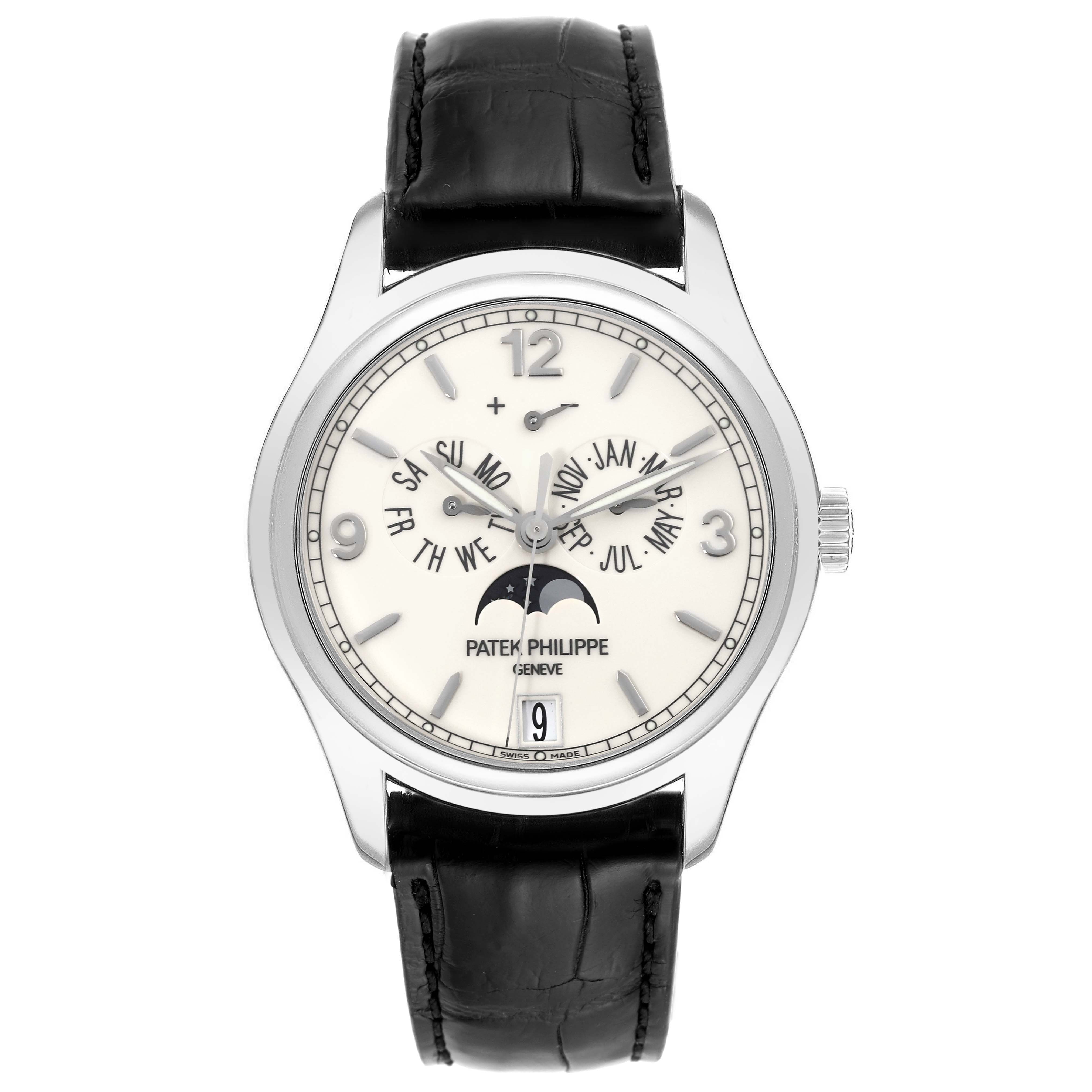 The image shows the Patek Philippe Complications 5146G Men's White Gold Beige Dial 5146G Men's White Gold Beige Dial model watch from a frontal angle, highlighting the face, dial, and black leather strap.