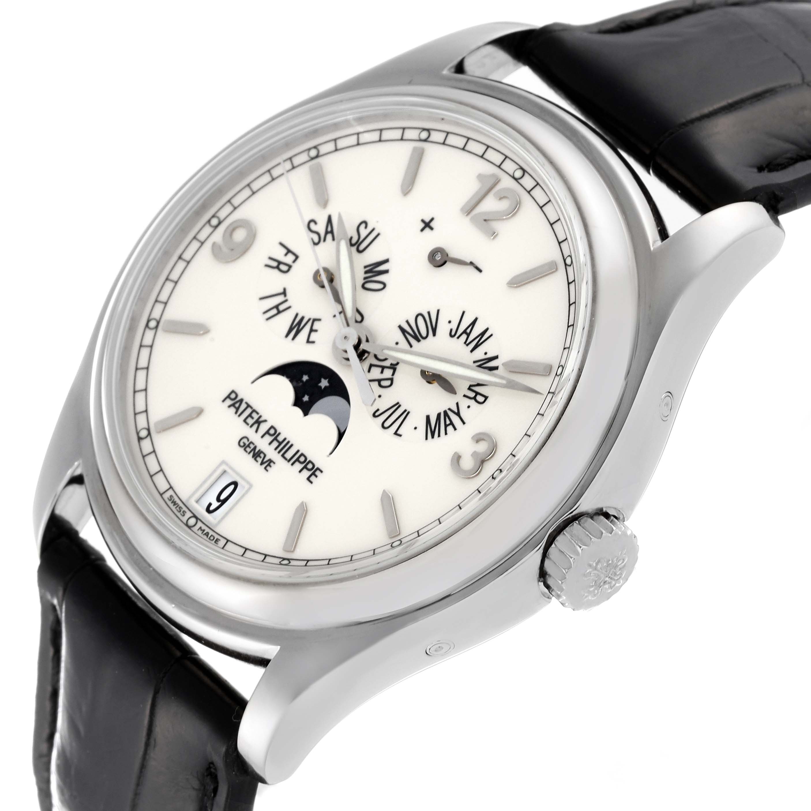 The image shows a Patek Philippe Complications 5146G Men's White Gold Beige Dial 5146G Men's White Gold Beige Dial watch at an angled side view, detailing its dial, crown, and leather strap.