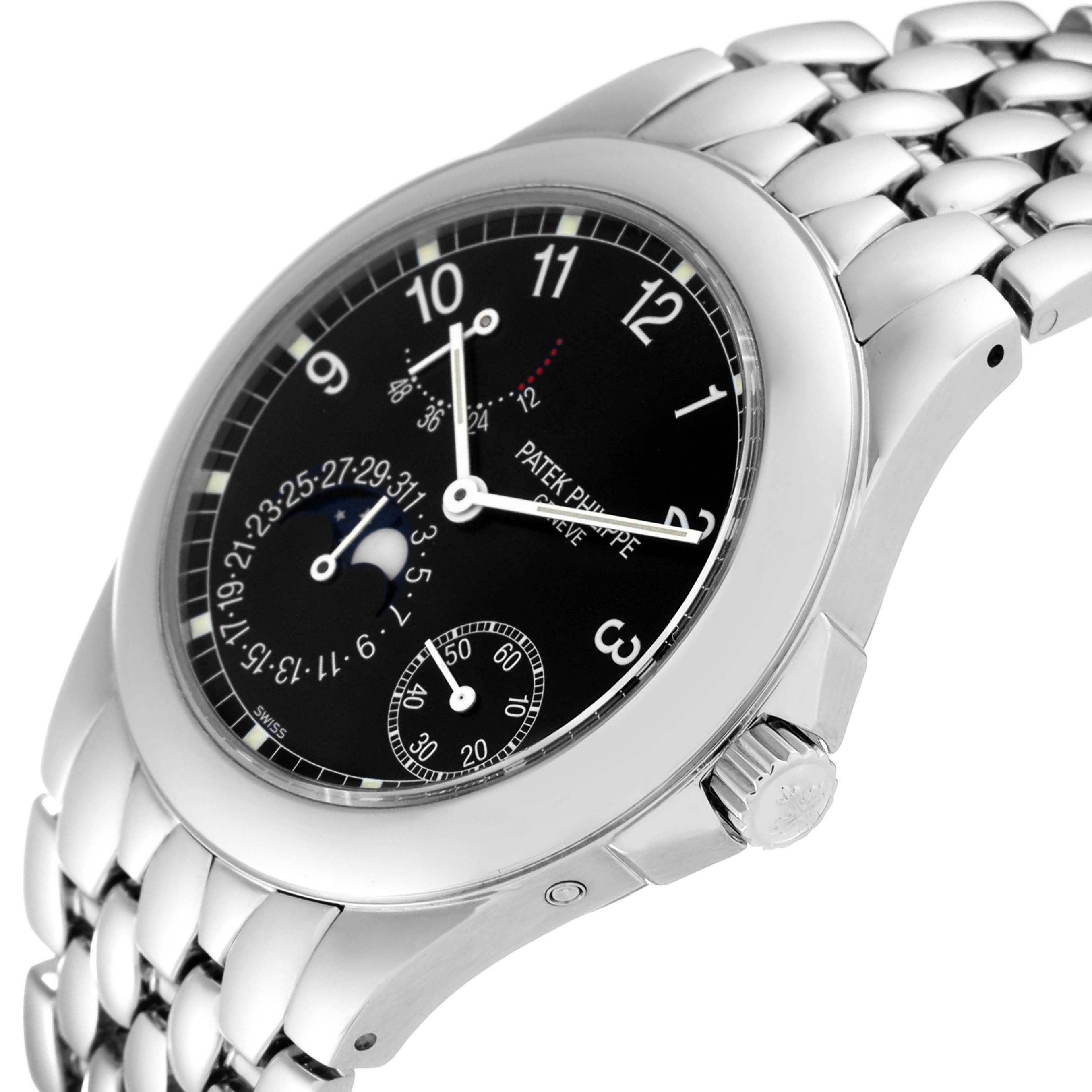 The Patek Philippe Neptune 5085/1A-001 Men
s Stainless Steel Black Dial 5085/1A-001 Men
s Stainless Steel Black Dial model watch is shown at a three-quarter angle, displaying the face, crown, and bracelet.
