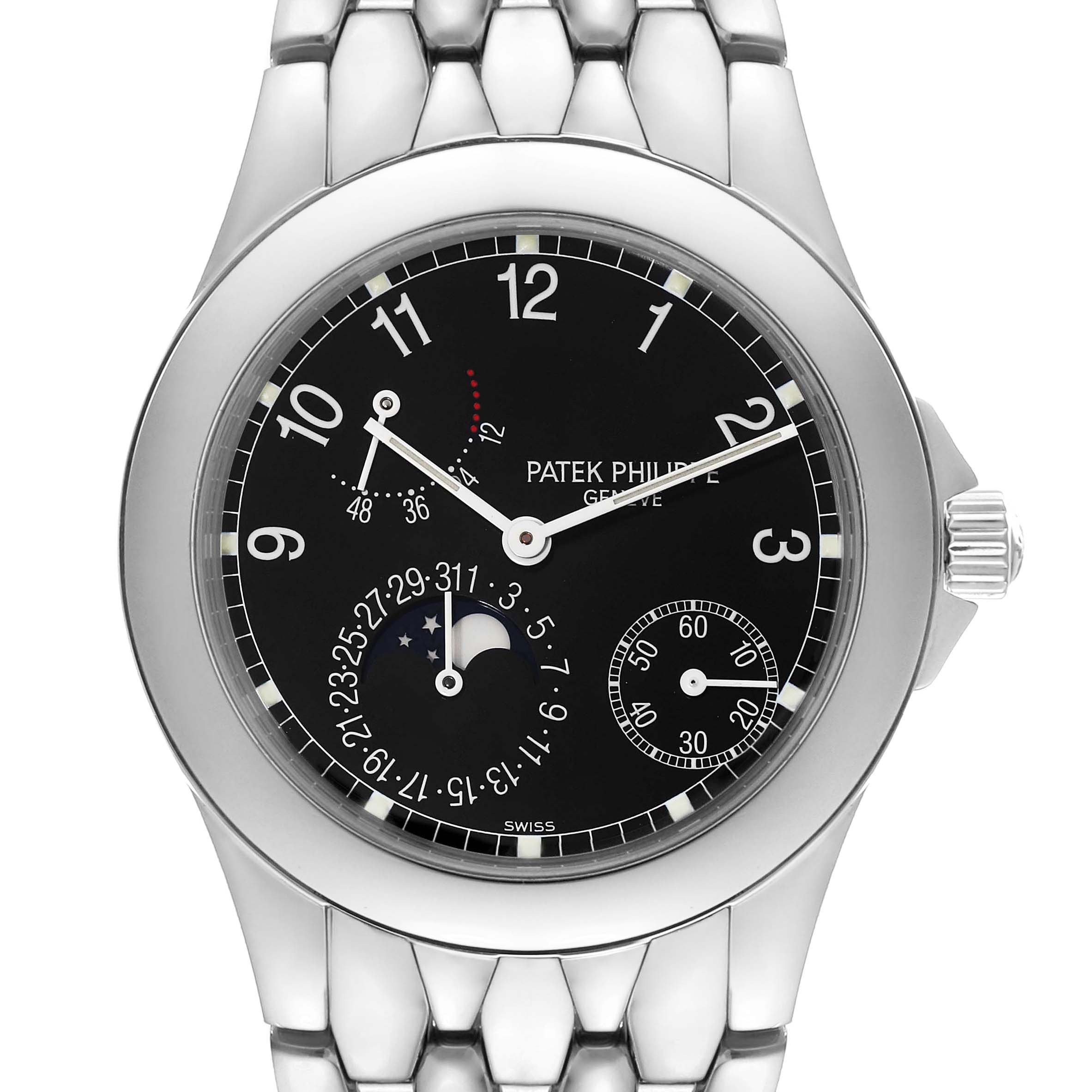 This Patek Philippe Neptune 5085/1A-001 Men
s Stainless Steel Black Dial 5085/1A-001 Men
s Stainless Steel Black Dial model watch is shown from a front angle, showcasing its black dial, moon phase, and metal bracelet.