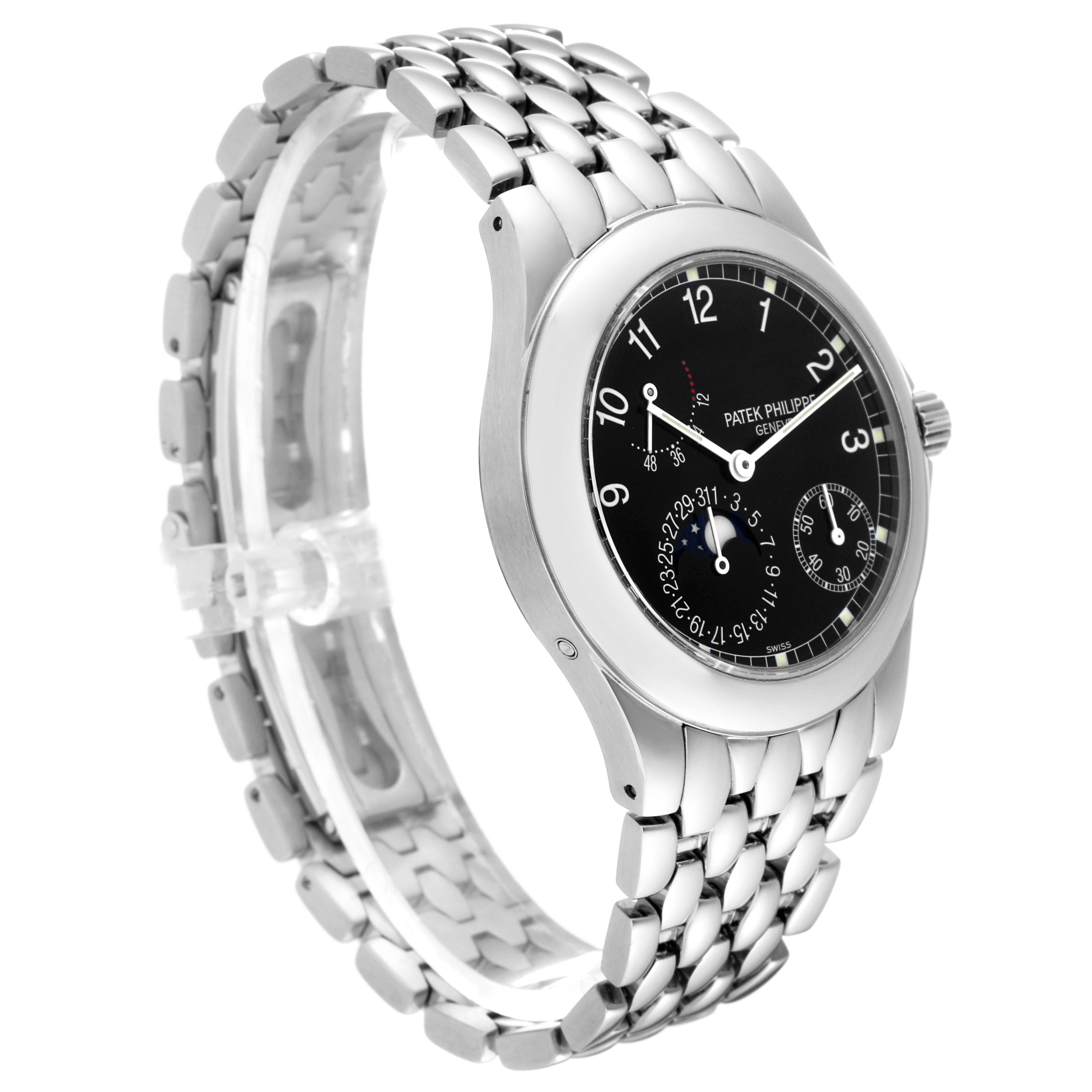 The image shows a Patek Philippe Neptune 5085/1A-001 Men
s Stainless Steel Black Dial 5085/1A-001 Men
s Stainless Steel Black Dial watch at a slight angle, highlighting the face, bezel, and bracelet.