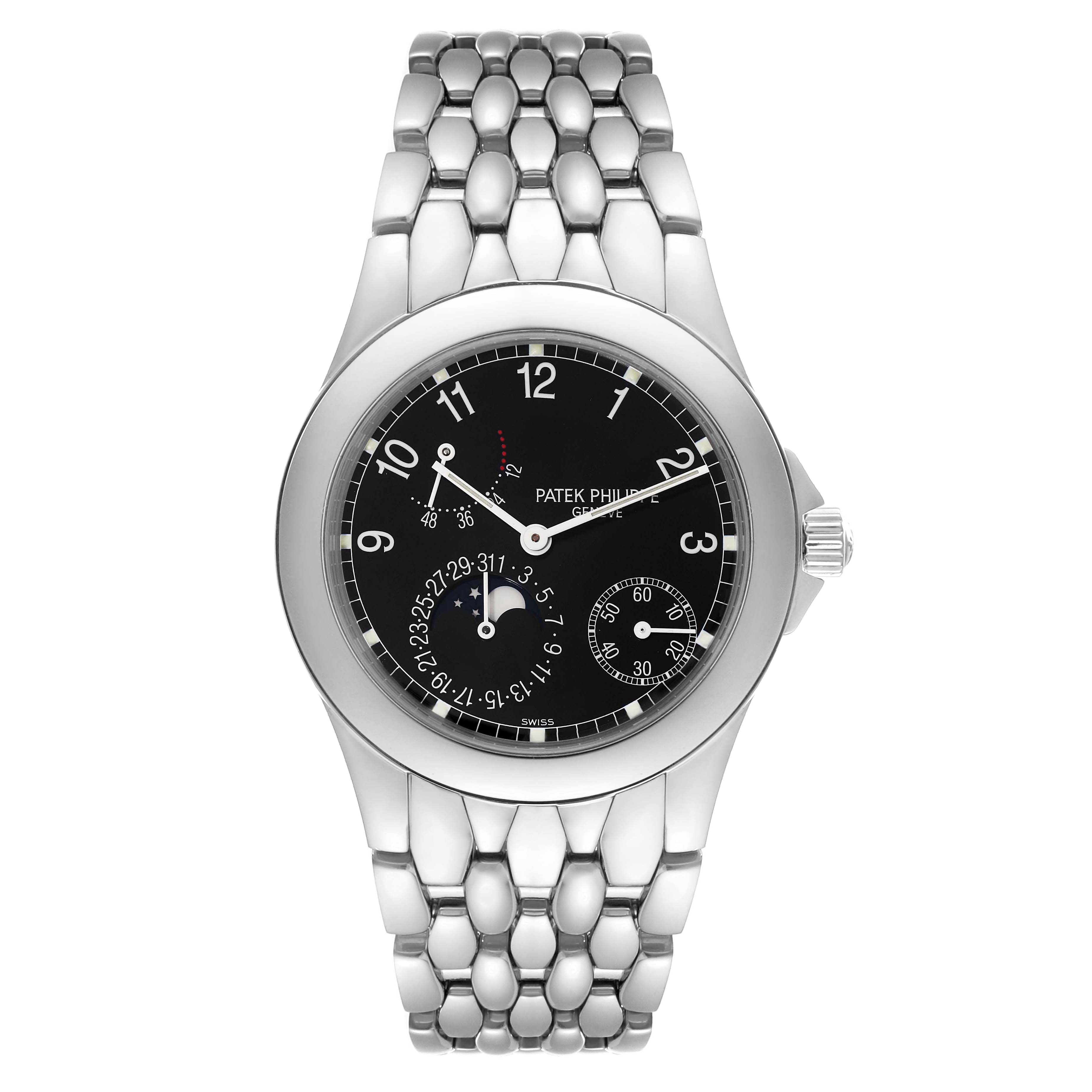 The Patek Philippe Neptune 5085/1A-001 Men
s Stainless Steel Black Dial 5085/1A-001 Men
s Stainless Steel Black Dial model watch is shown from a top-down angle, highlighting its face, bezel, and bracelet.