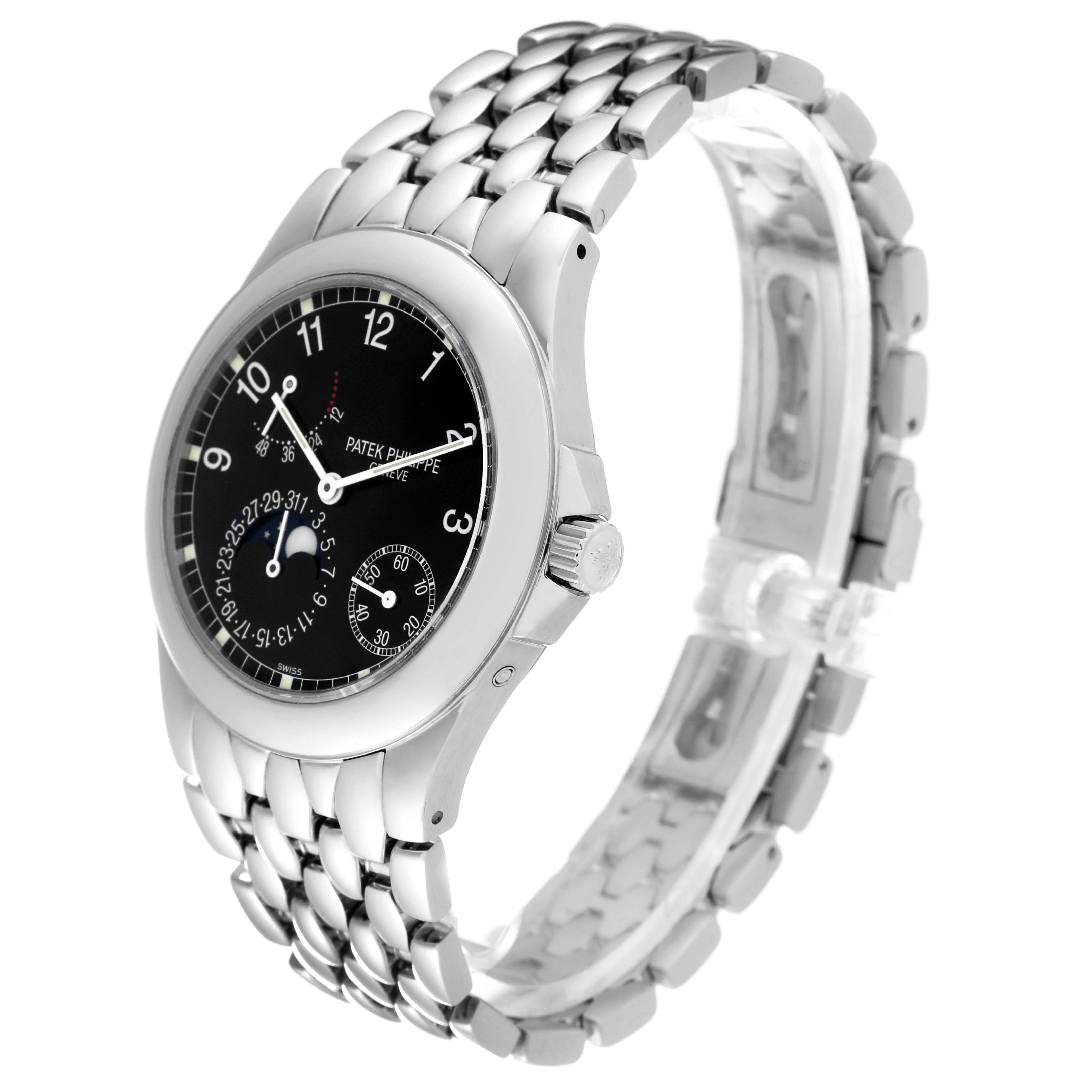 The image shows a side angle of the Patek Philippe Neptune 5085/1A-001 Men
s Stainless Steel Black Dial 5085/1A-001 Men
s Stainless Steel Black Dial watch, highlighting its dial, case, and metal bracelet.