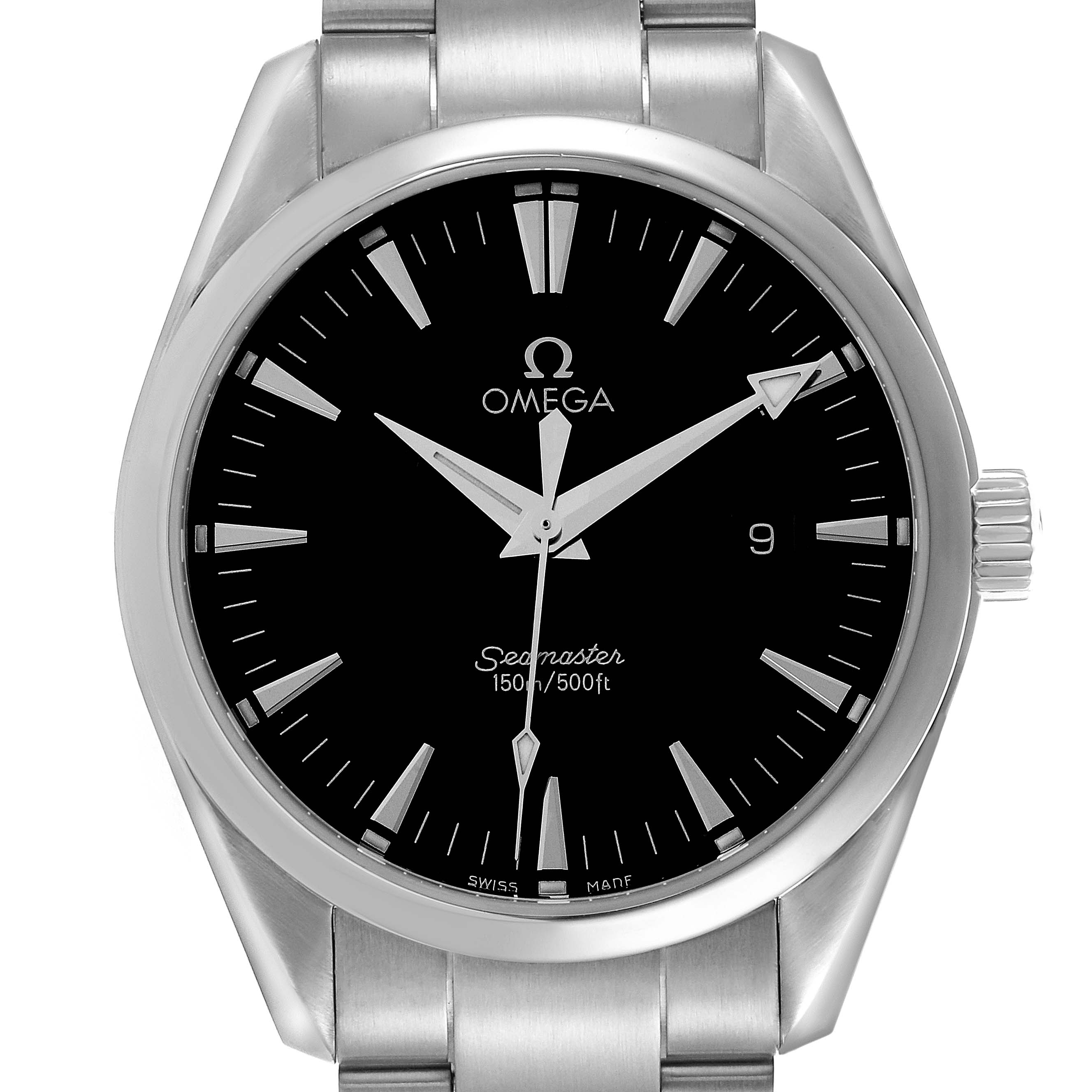The Omega Aqua Terra 2517.50.00 Men's Stainless Steel Black Dial 2517.50.00 Men's Stainless Steel Black Dial watch is shown from a front angle displaying its dial, hands, bezel, crown, and partial bracelet.