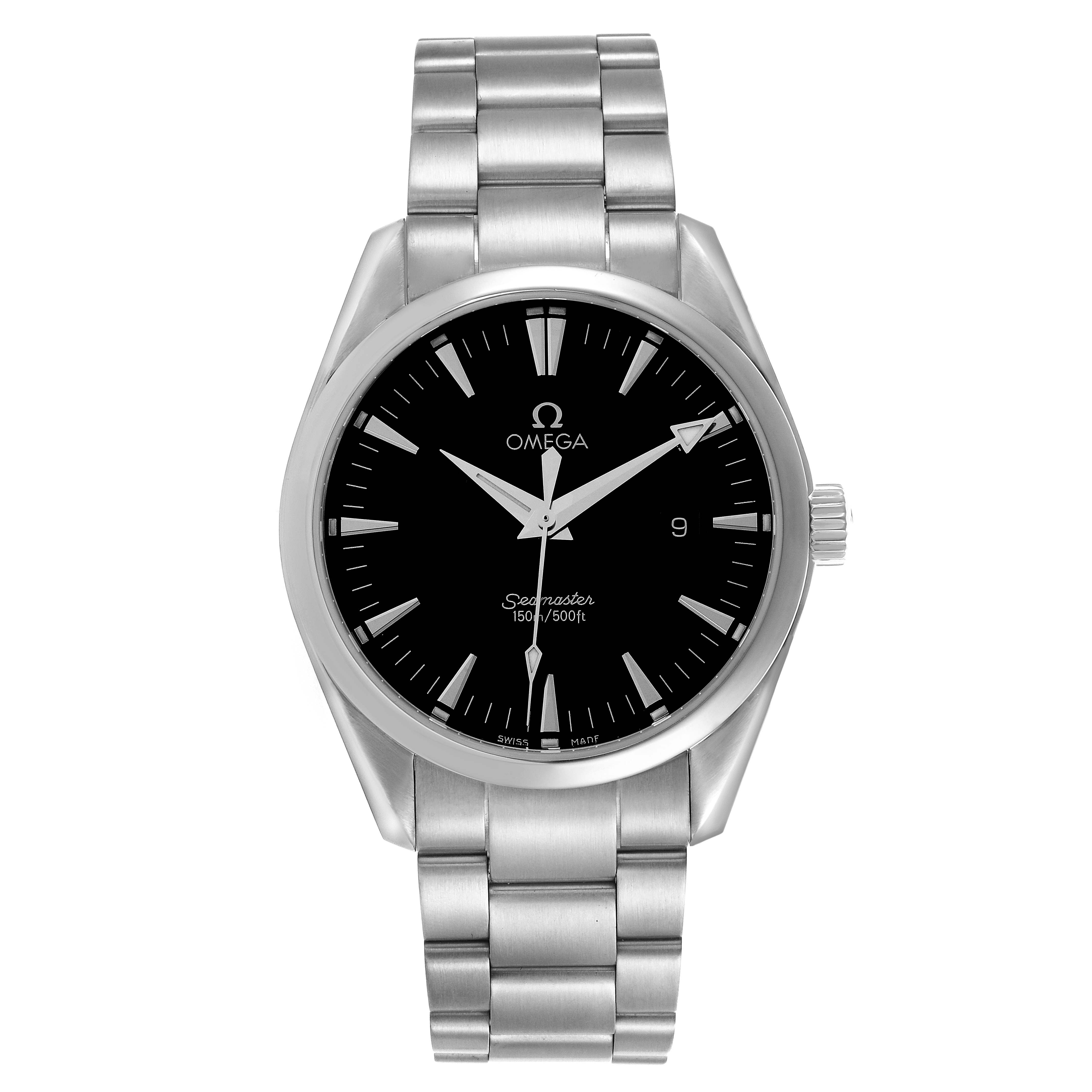 The Omega Aqua Terra 2517.50.00 Men's Stainless Steel Black Dial 2517.50.00 Men's Stainless Steel Black Dial watch is shown from the front, displaying the dial, hour markers, hands, and a metal bracelet.