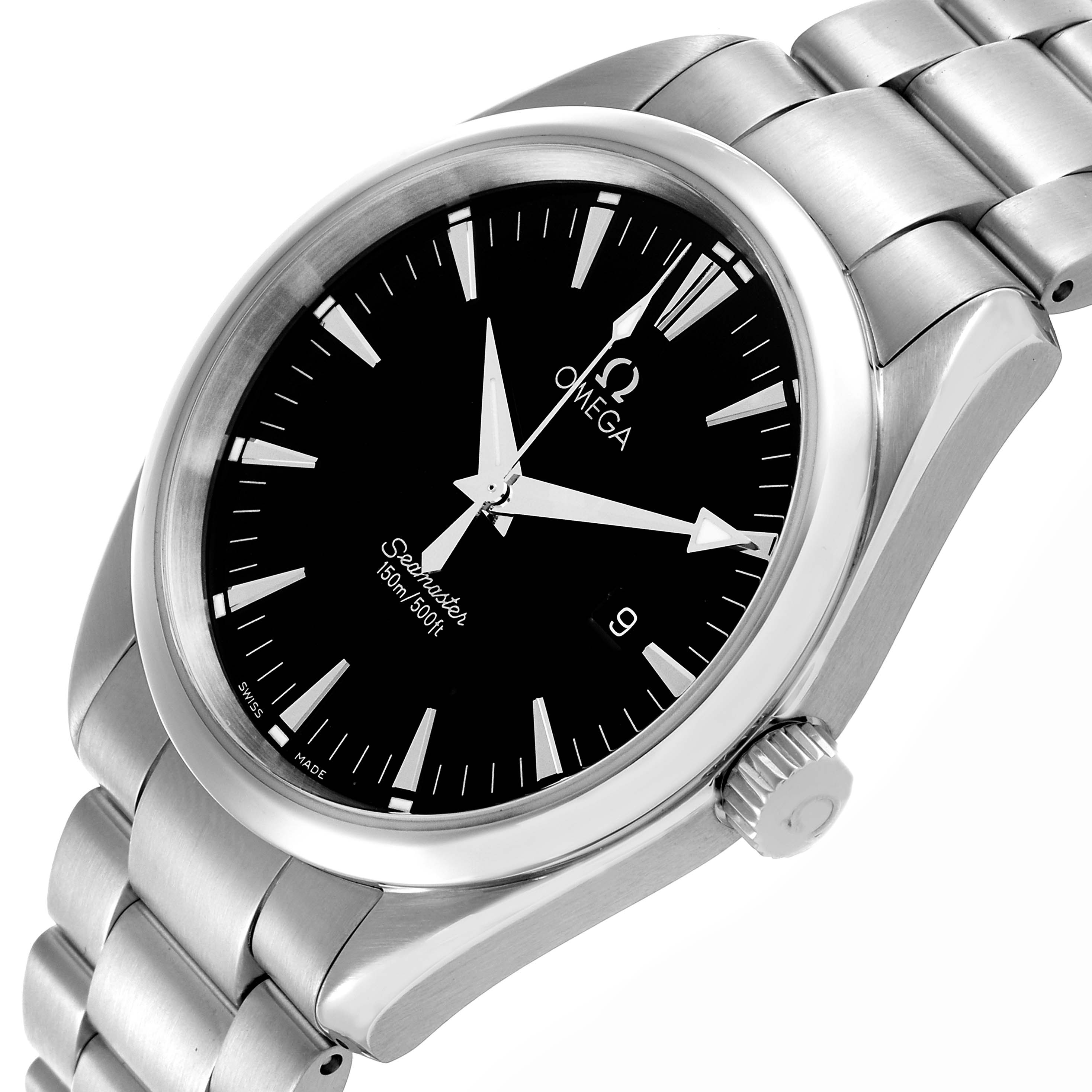 The Omega Aqua Terra 2517.50.00 Men's Stainless Steel Black Dial 2517.50.00 Men's Stainless Steel Black Dial watch is shown at an angled top view, displaying the face, bezel, case, crown, and bracelet.