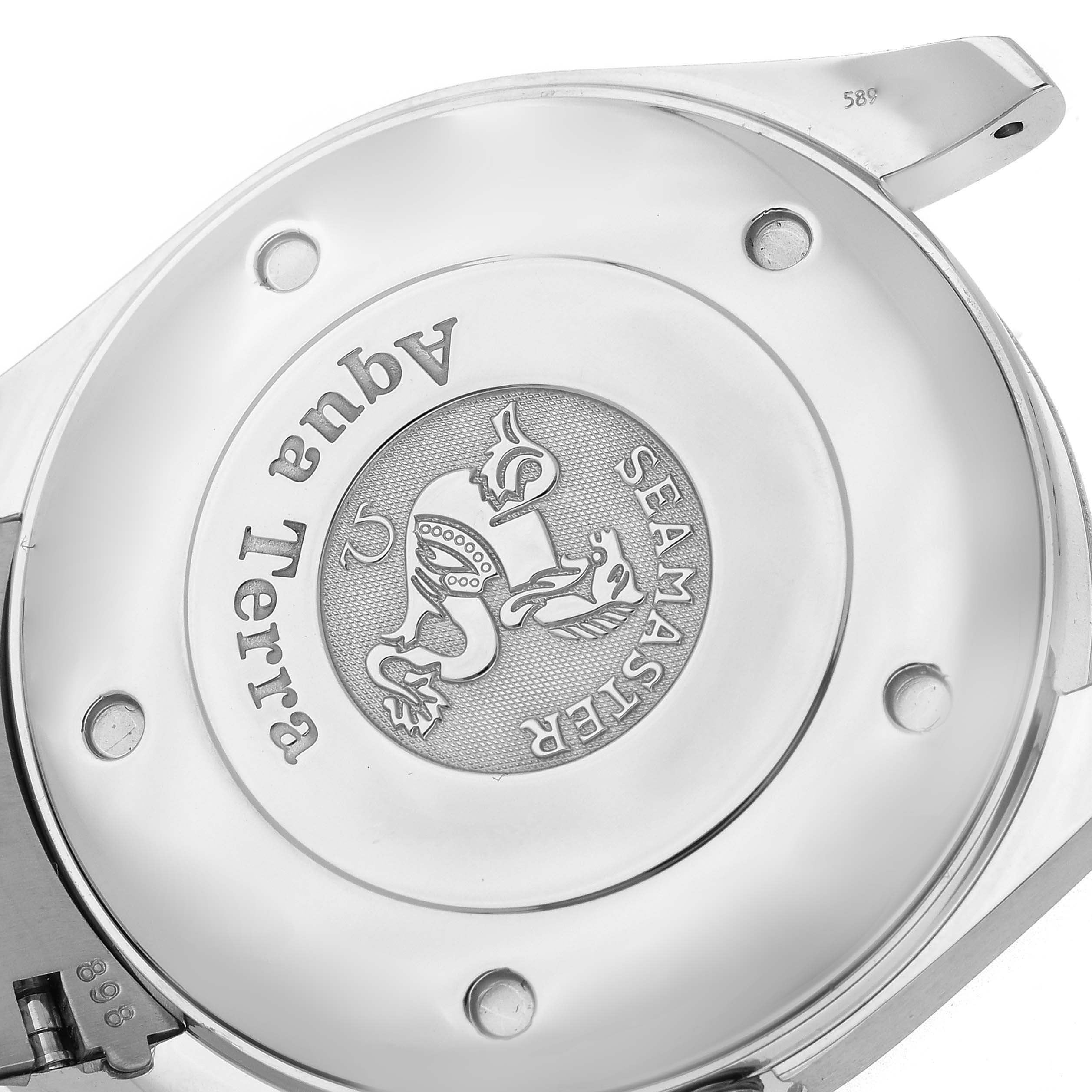 The image shows the back case of an Omega Aqua Terra 2517.50.00 Men's Stainless Steel Black Dial 2517.50.00 Men's Stainless Steel Black Dial watch, featuring the Seamaster logo and engravings.