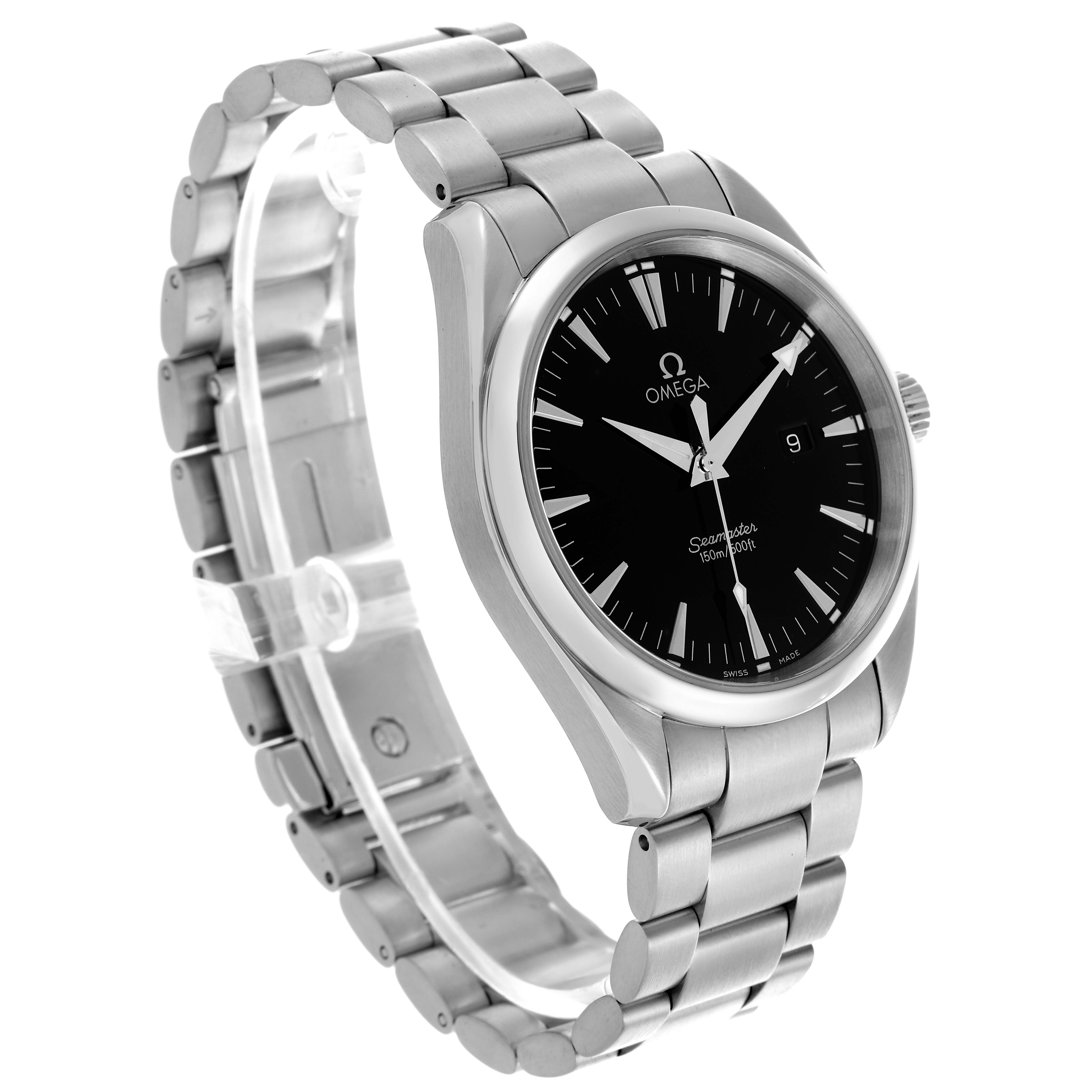 The Omega Aqua Terra 2517.50.00 Men's Stainless Steel Black Dial 2517.50.00 Men's Stainless Steel Black Dial watch is shown at a three-quarter angle, highlighting the case, dial, and bracelet.