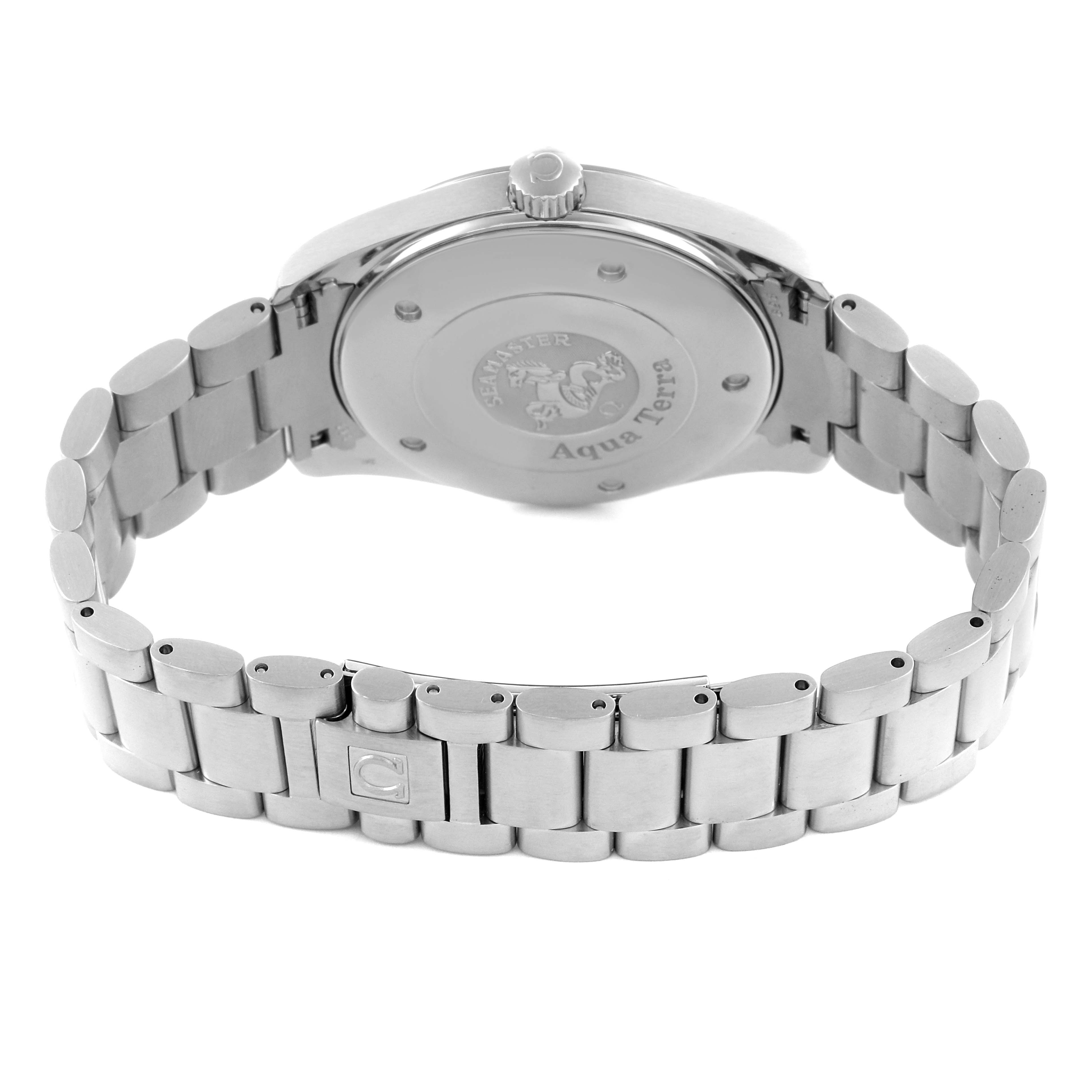 The Omega Aqua Terra 2517.50.00 Men's Stainless Steel Black Dial 2517.50.00 Men's Stainless Steel Black Dial watch is shown from the back, displaying the case back and bracelet.