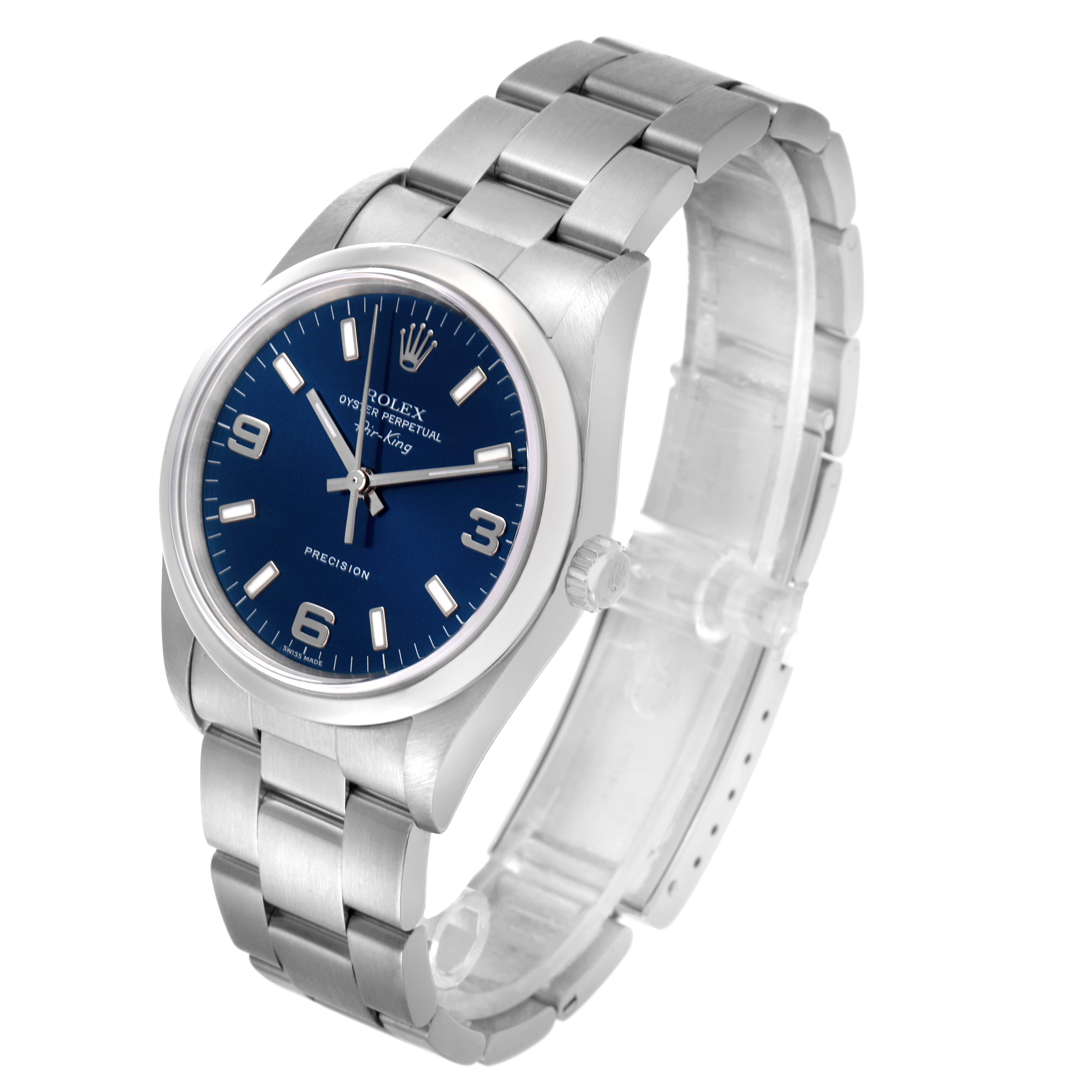 The Rolex Air-King 14000M Men's Stainless Steel Blue Dial 14000M Men's Stainless Steel Blue Dial watch is shown at a slight angle, displaying the face, bezel, crown, and bracelet.