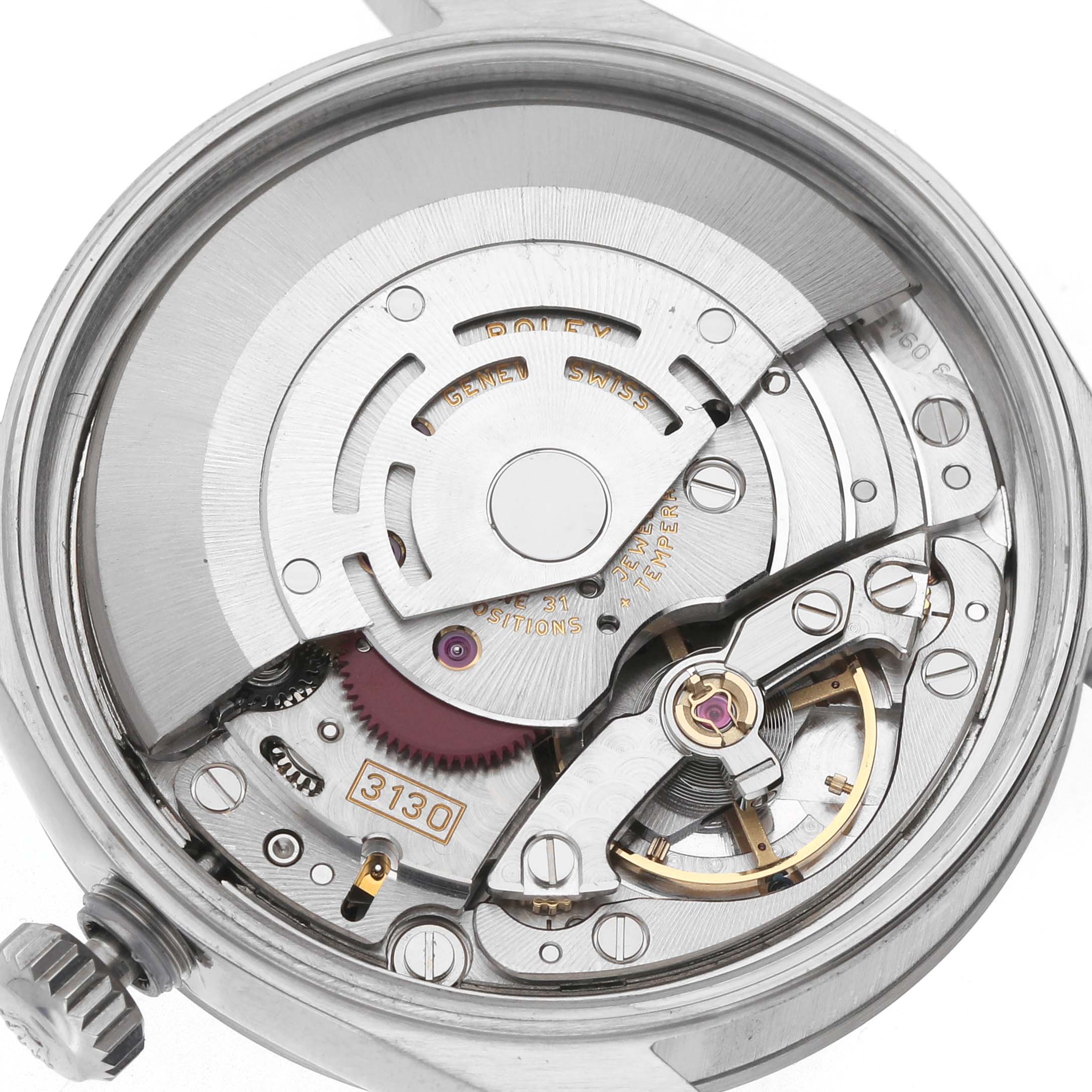 The image shows the movement of a Rolex Air-King 14000M Men's Stainless Steel Blue Dial 14000M Men's Stainless Steel Blue Dial watch from a top-down angle, highlighting gears and the rotor.