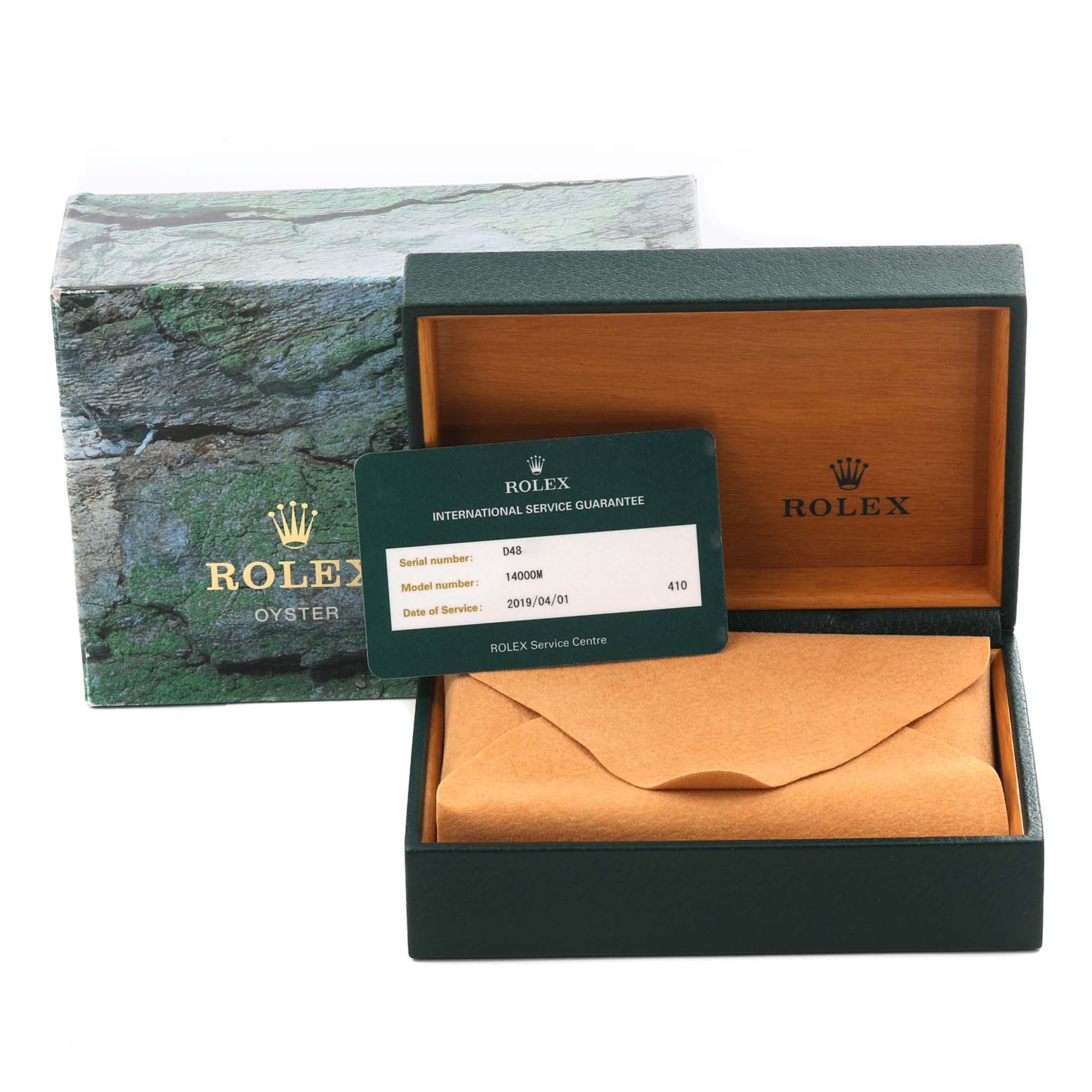 The image shows a Rolex Air-King 14000M Men's Stainless Steel Blue Dial 14000M Men's Stainless Steel Blue Dial box, guarantee card, and case from a straight-on angle.