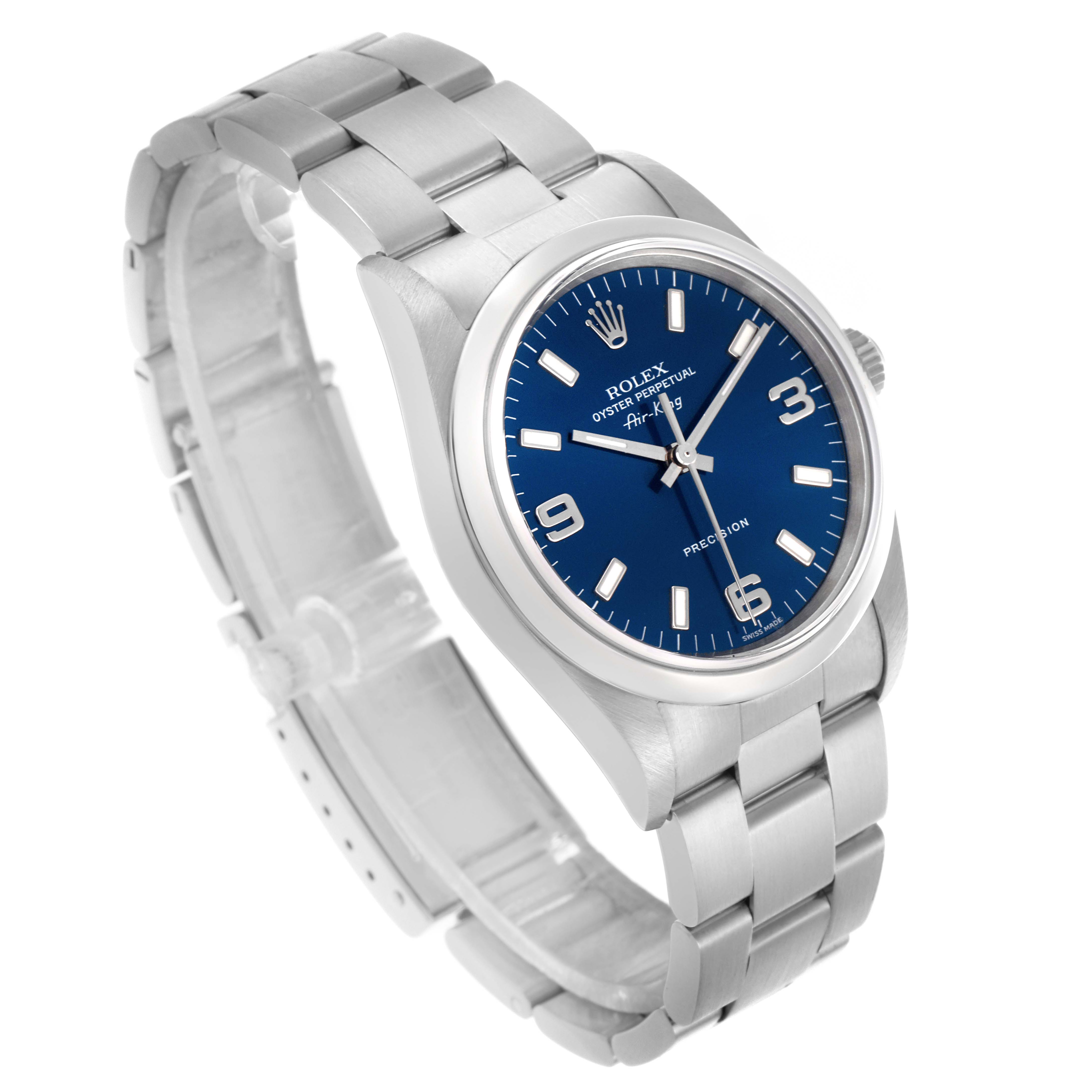 The Rolex Air-King 14000M Men's Stainless Steel Blue Dial 14000M Men's Stainless Steel Blue Dial watch is shown at a three-quarter angle, displaying the dial, bezel, crown, and bracelet.