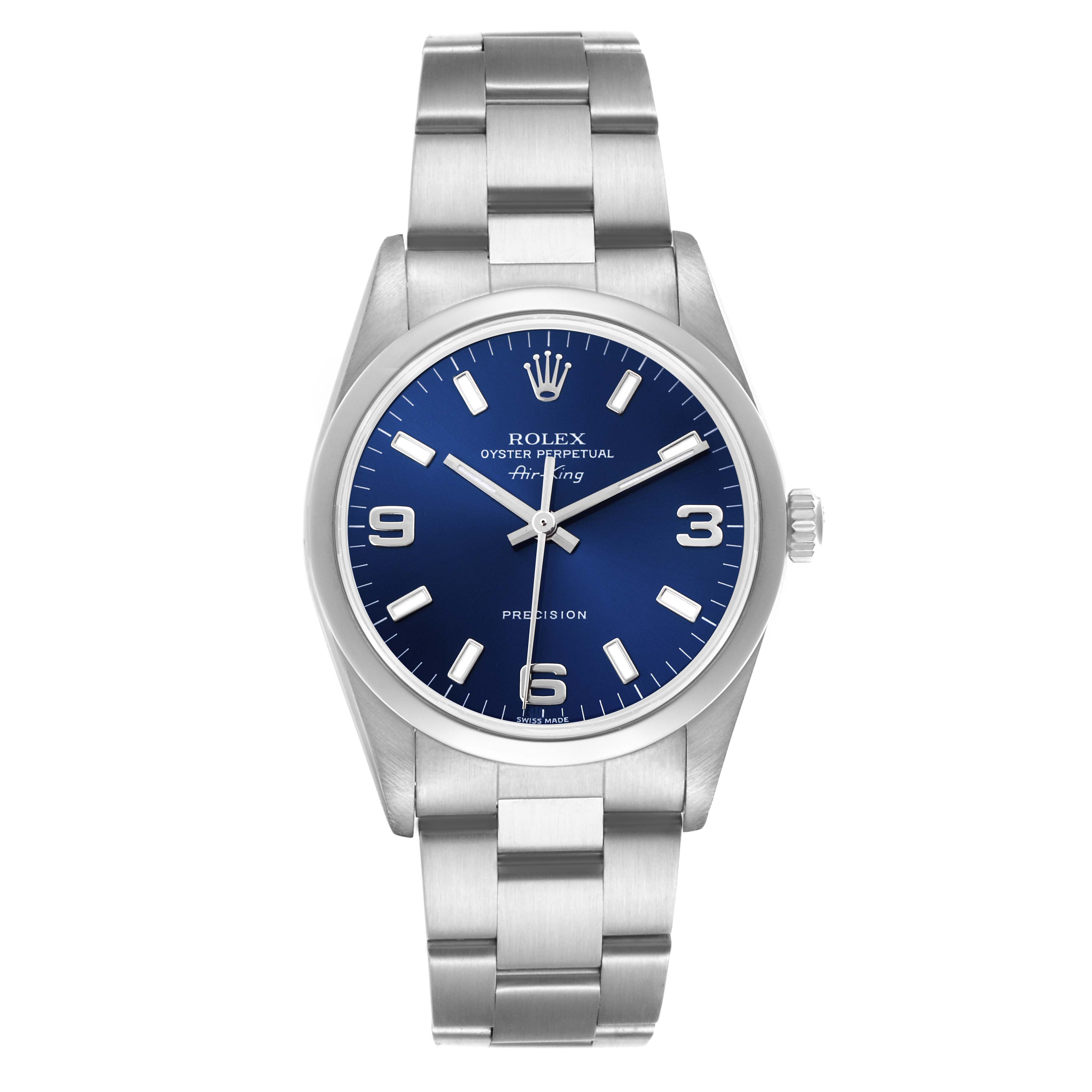 The Rolex Air-King 14000M Men's Stainless Steel Blue Dial 14000M Men's Stainless Steel Blue Dial watch is shown from a front view, displaying the blue dial, silver bezel, and stainless steel bracelet.