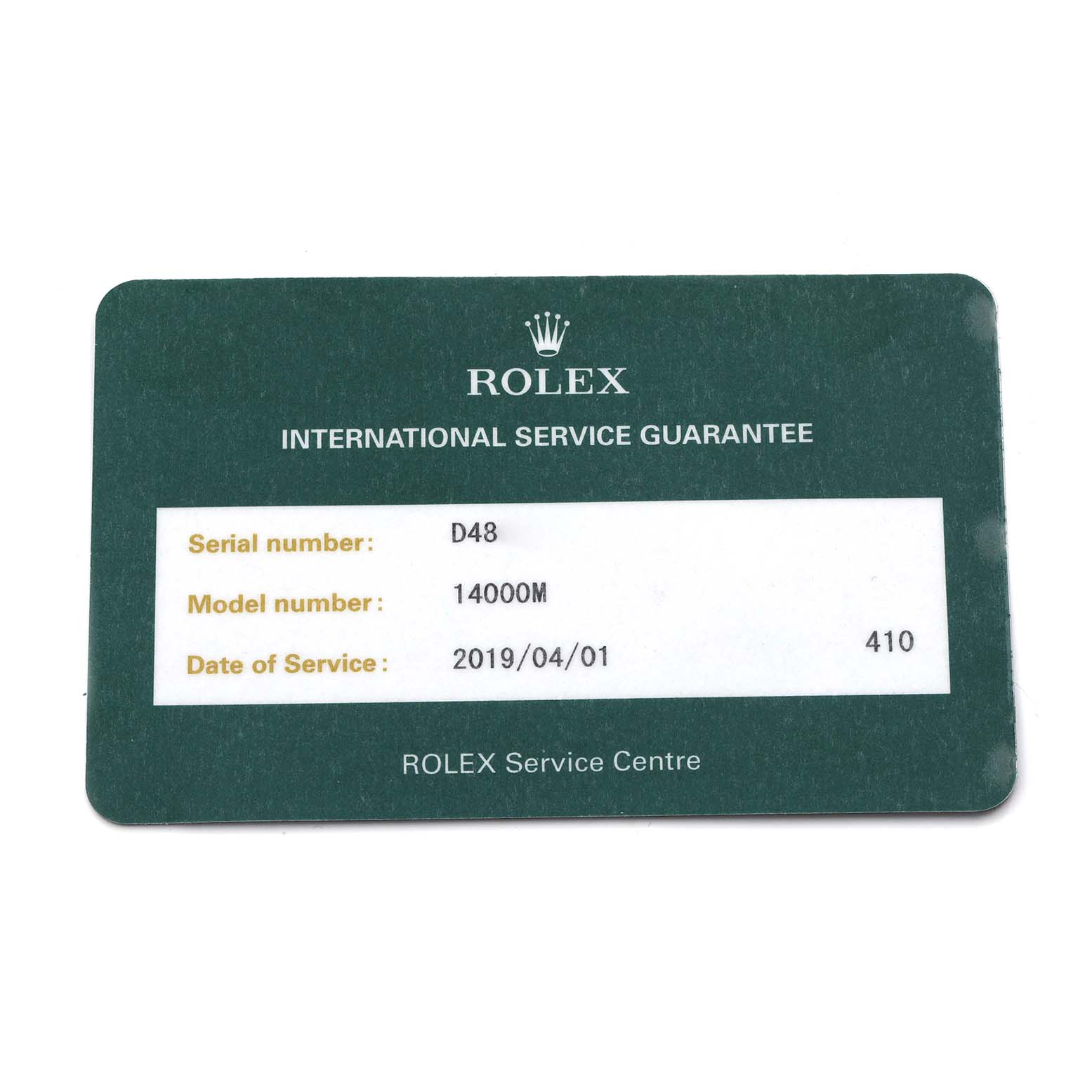 The image shows a Rolex service card for the Air-King model, displaying serial and model numbers.