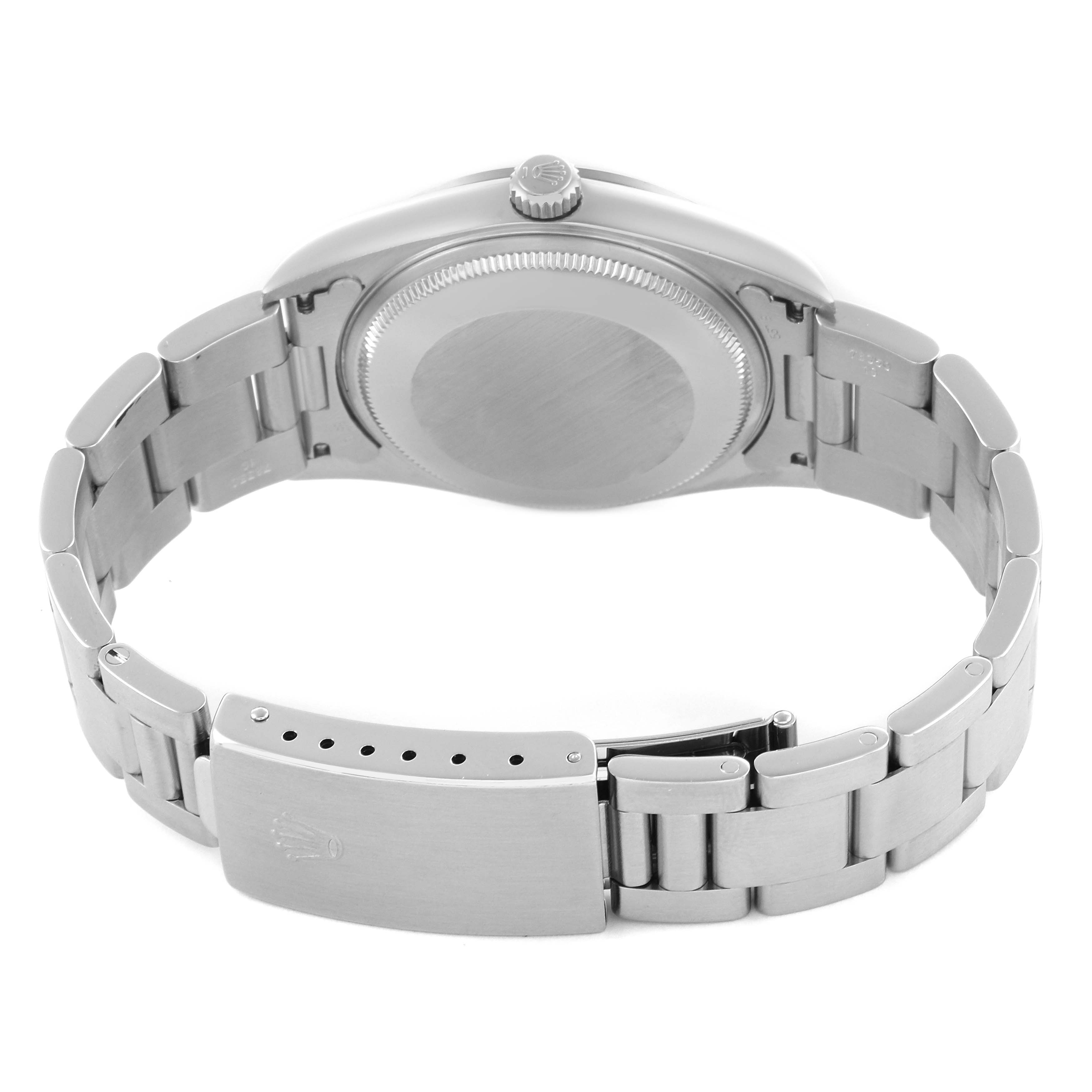 The image shows the back case and bracelet of a Rolex Air-King 14000M Men's Stainless Steel Blue Dial 14000M Men's Stainless Steel Blue Dial watch, viewed at an angle highlighting the clasp and links.