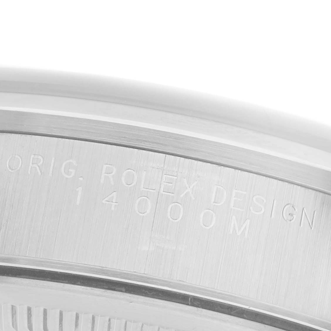 The image shows a close-up of the case back engravings on a Rolex Air-King 14000M Men's Stainless Steel Blue Dial 14000M Men's Stainless Steel Blue Dial watch, highlighting the model number.
