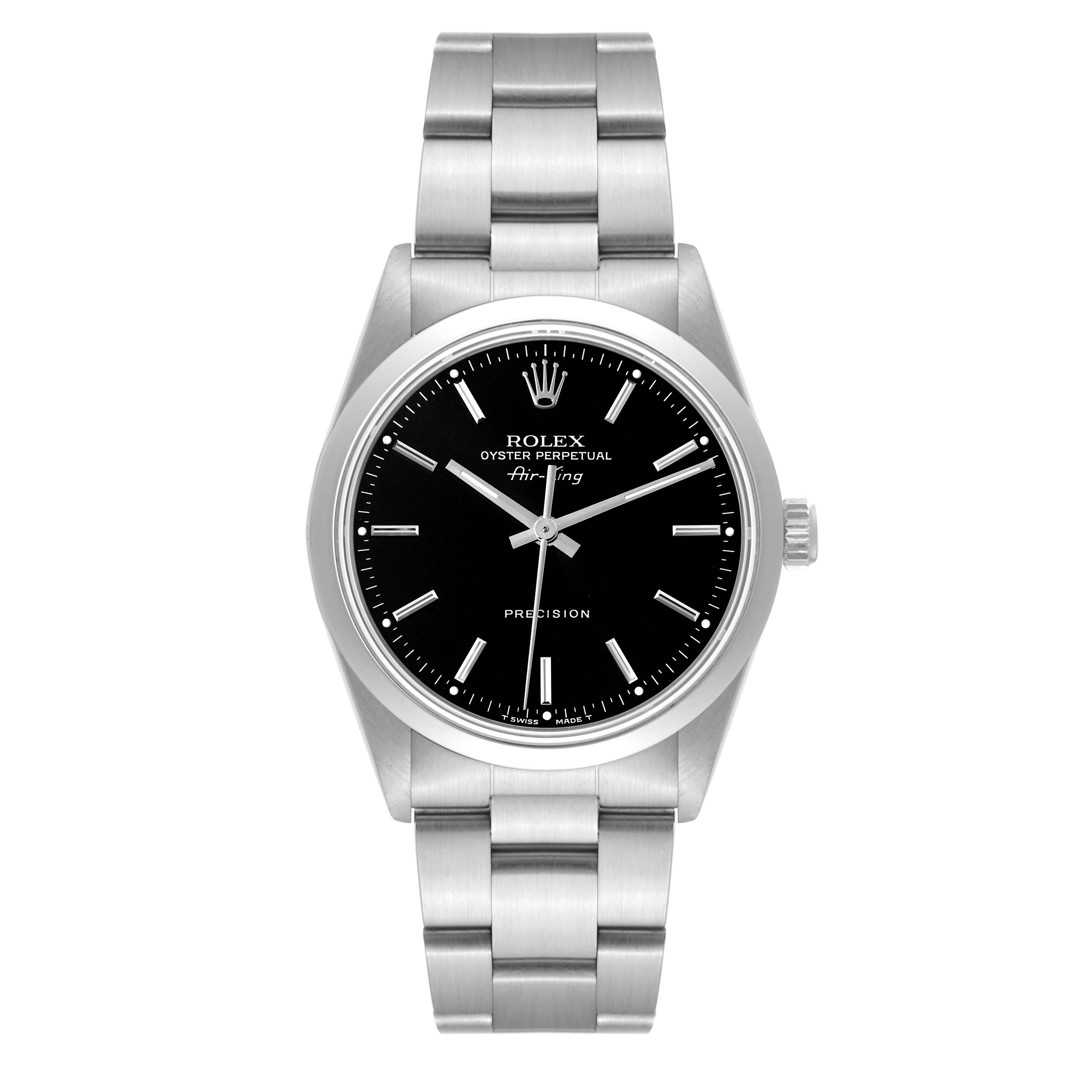 The image shows a front view of a Rolex Air-King 14000 Men's Stainless Steel Black Dial 14000 Men's Stainless Steel Black Dial watch, displaying the dial, bezel, case, and bracelet.