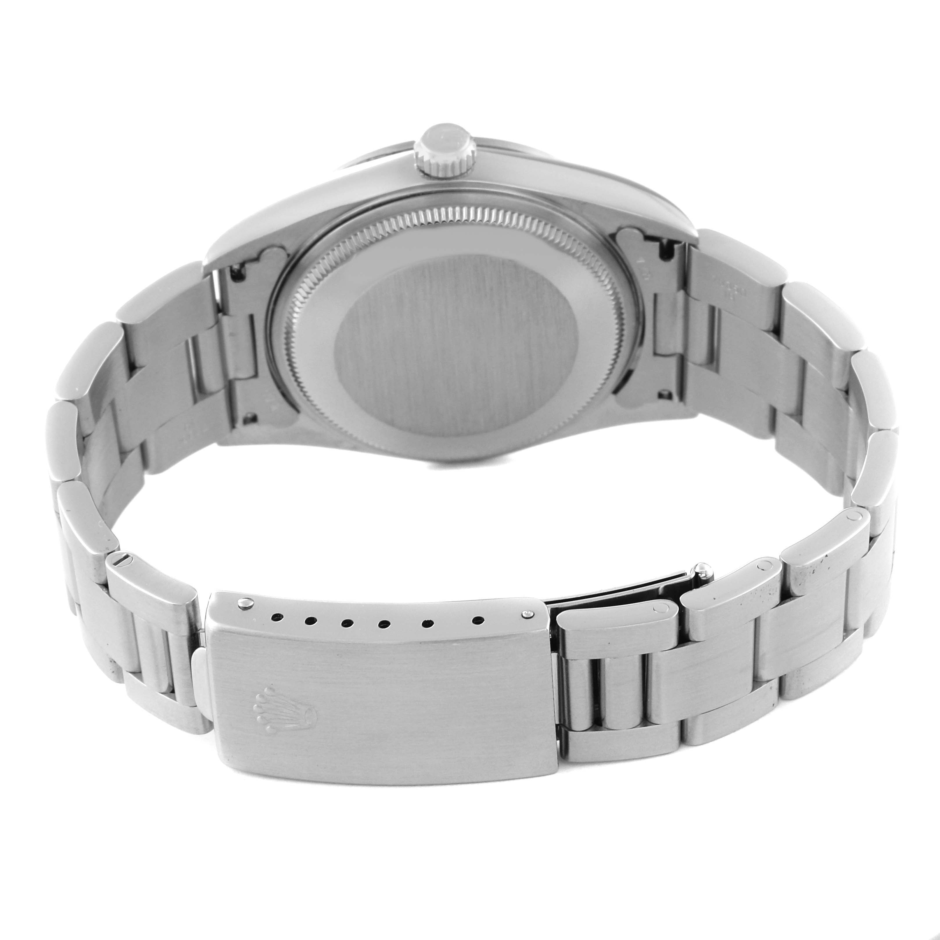 The image shows the back view of a Rolex Air-King 14000 Men's Stainless Steel Black Dial 14000 Men's Stainless Steel Black Dial watch, highlighting the bracelet and clasp.