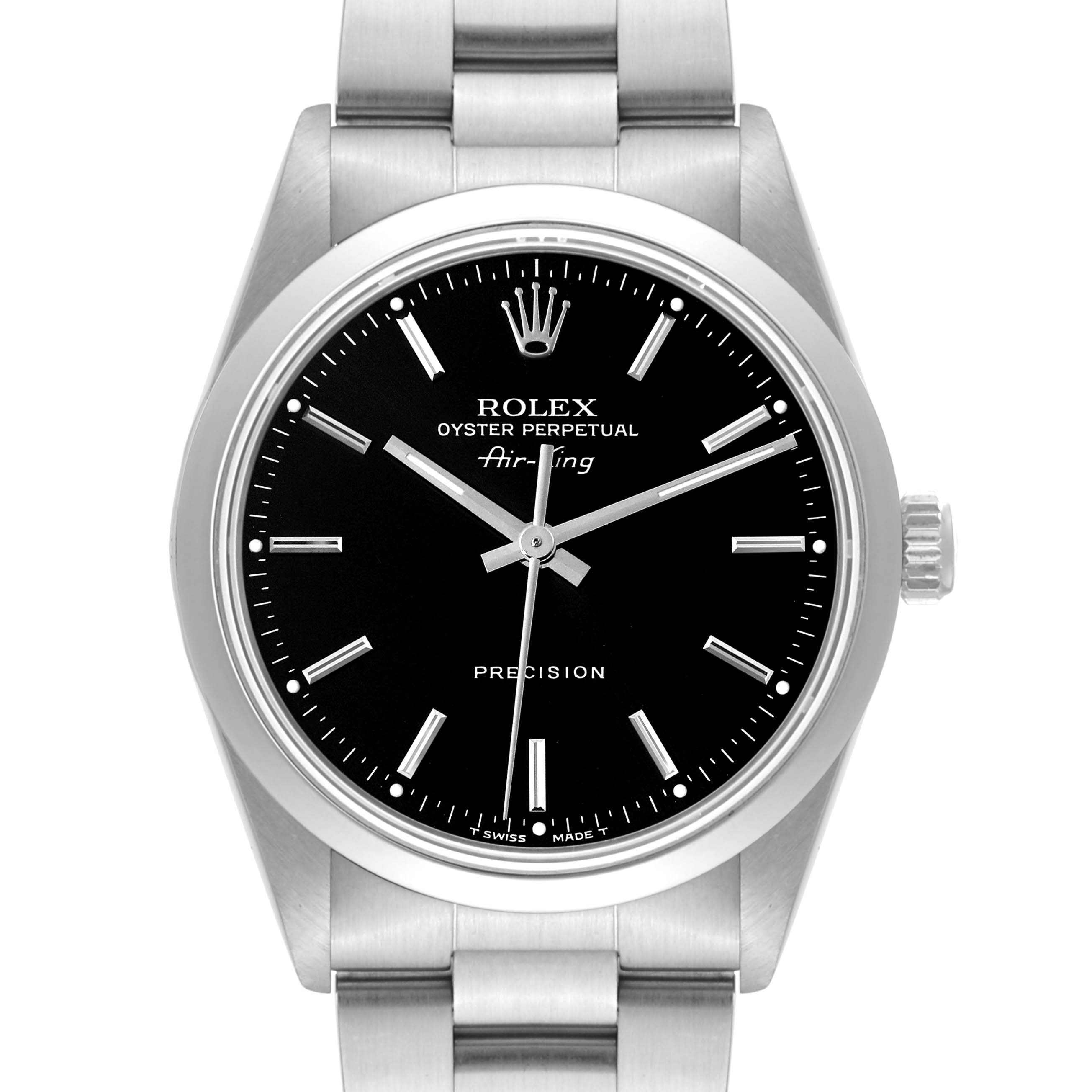 This image shows a front view of a Rolex Air-King 14000 Men's Stainless Steel Black Dial 14000 Men's Stainless Steel Black Dial watch, displaying its dial, bezel, and part of the bracelet.
