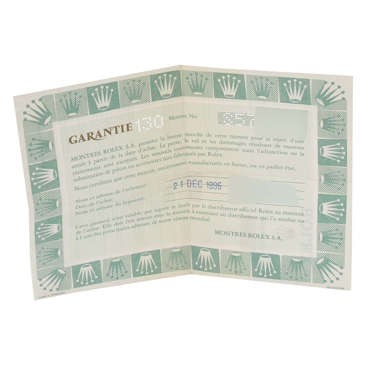 The image shows a warranty card for the Rolex Air-King 14000 Men's Stainless Steel Black Dial 14000 Men's Stainless Steel Black Dial, dated 24 Dec 1996.