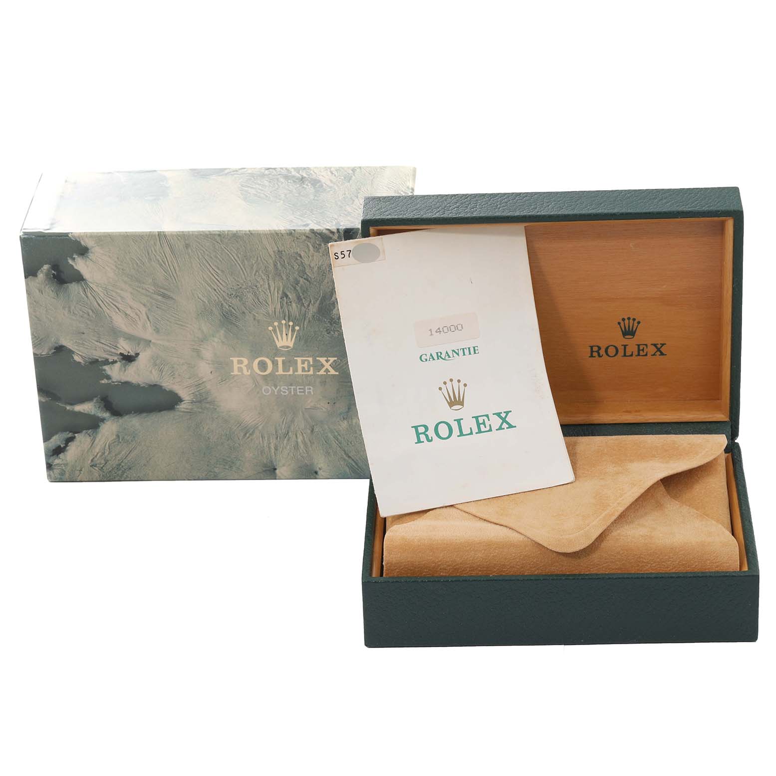 The image shows the packaging box, inner wooden box, and warranty card for the Rolex Air-King 14000 Men's Stainless Steel Black Dial 14000 Men's Stainless Steel Black Dial watch.