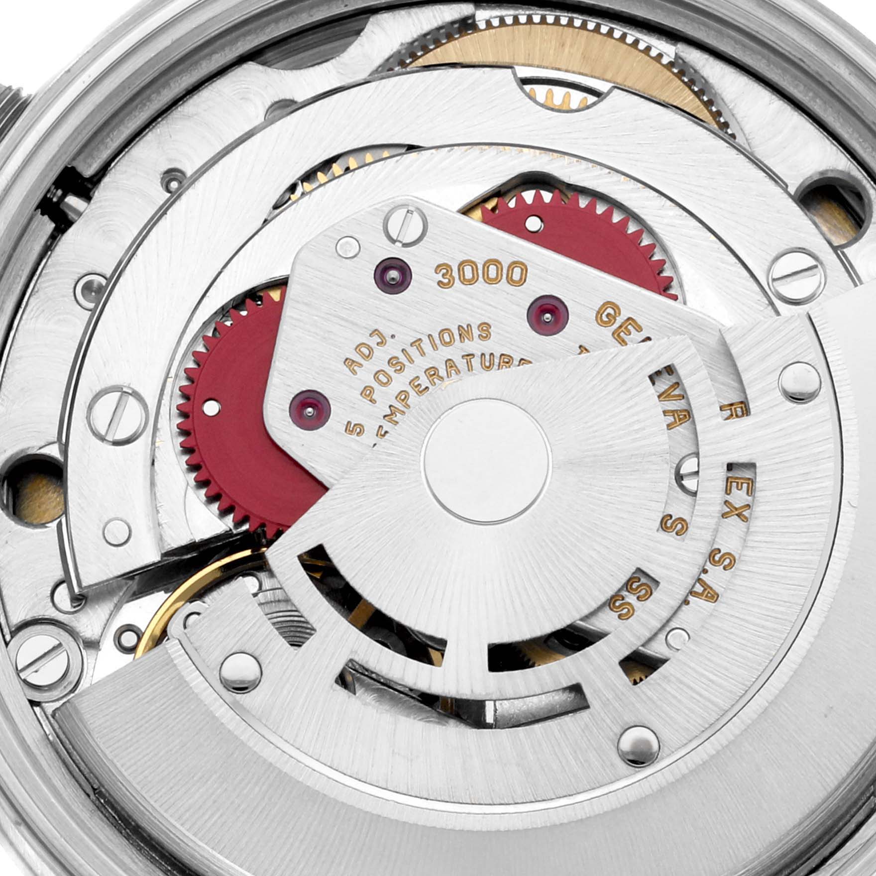 This image shows the inner mechanical movement of the Rolex Air-King 14000 Men's Stainless Steel Black Dial 14000 Men's Stainless Steel Black Dial watch, highlighting its gears and rotor.