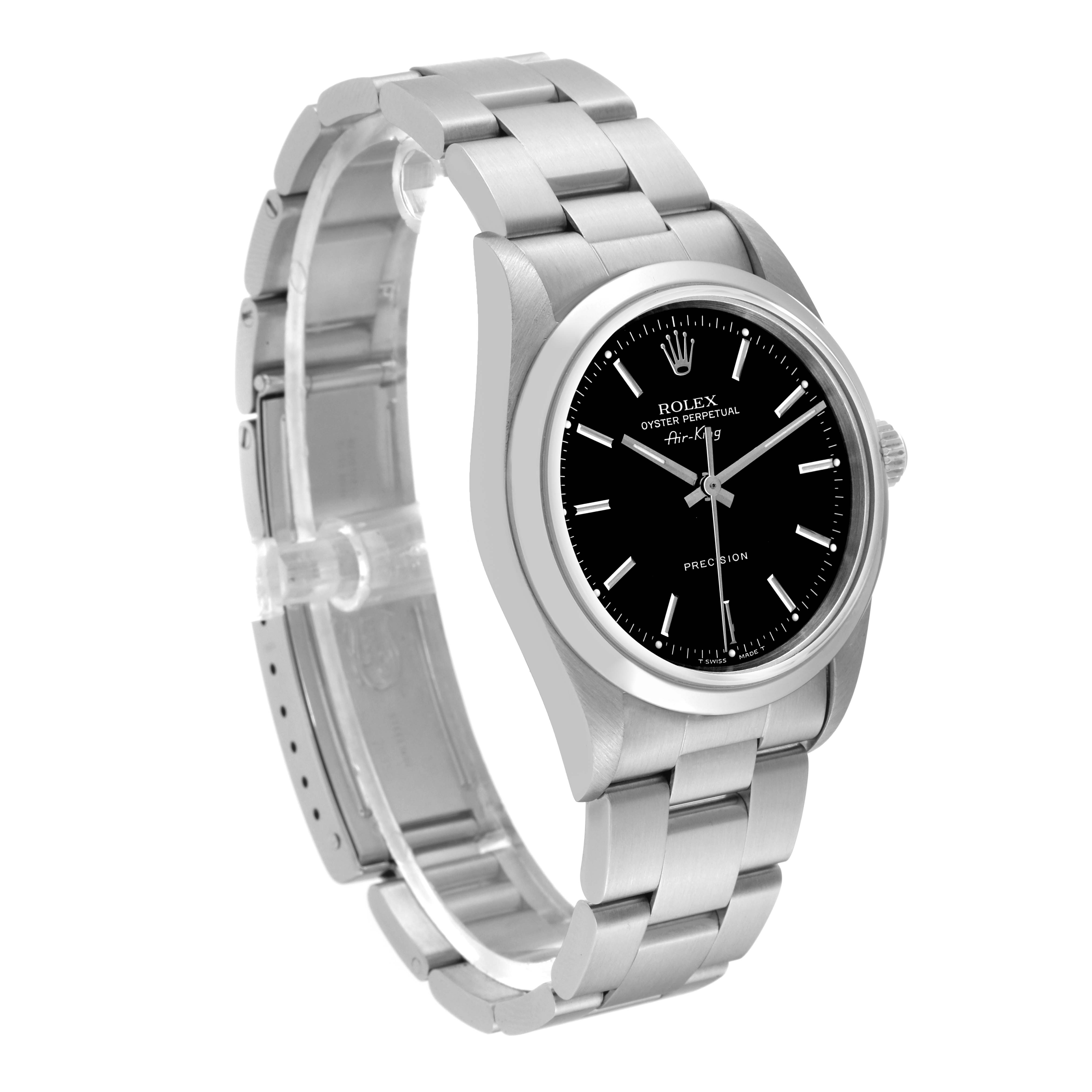 The image shows a side-angle view of a Rolex Air-King 14000 Men's Stainless Steel Black Dial 14000 Men's Stainless Steel Black Dial watch, highlighting its black dial, silver case, and metal bracelet.