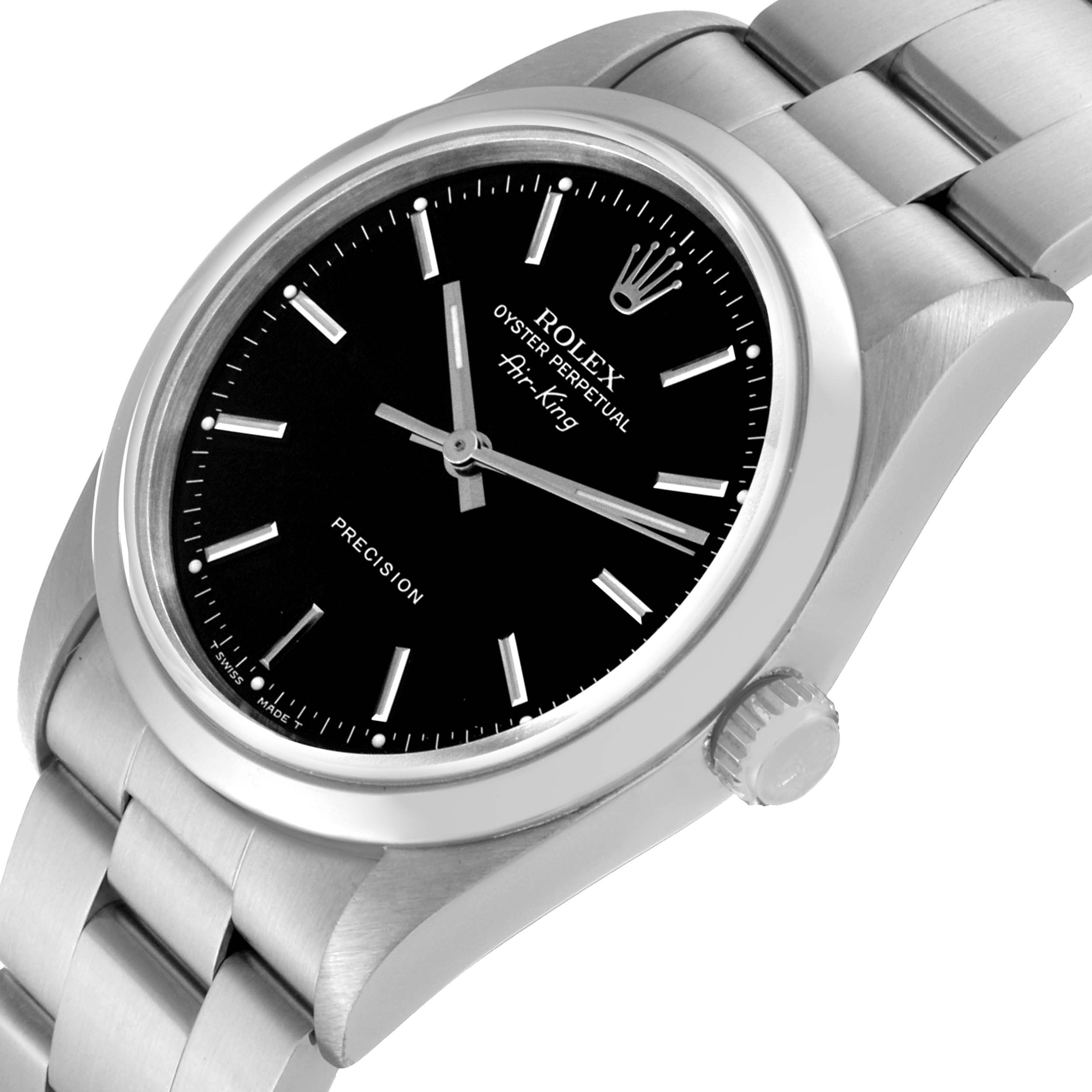 The Rolex Air-King 14000 Men's Stainless Steel Black Dial 14000 Men's Stainless Steel Black Dial watch is shown at a slight angle, displaying the black dial, hour markers, crown, and metal bracelet.