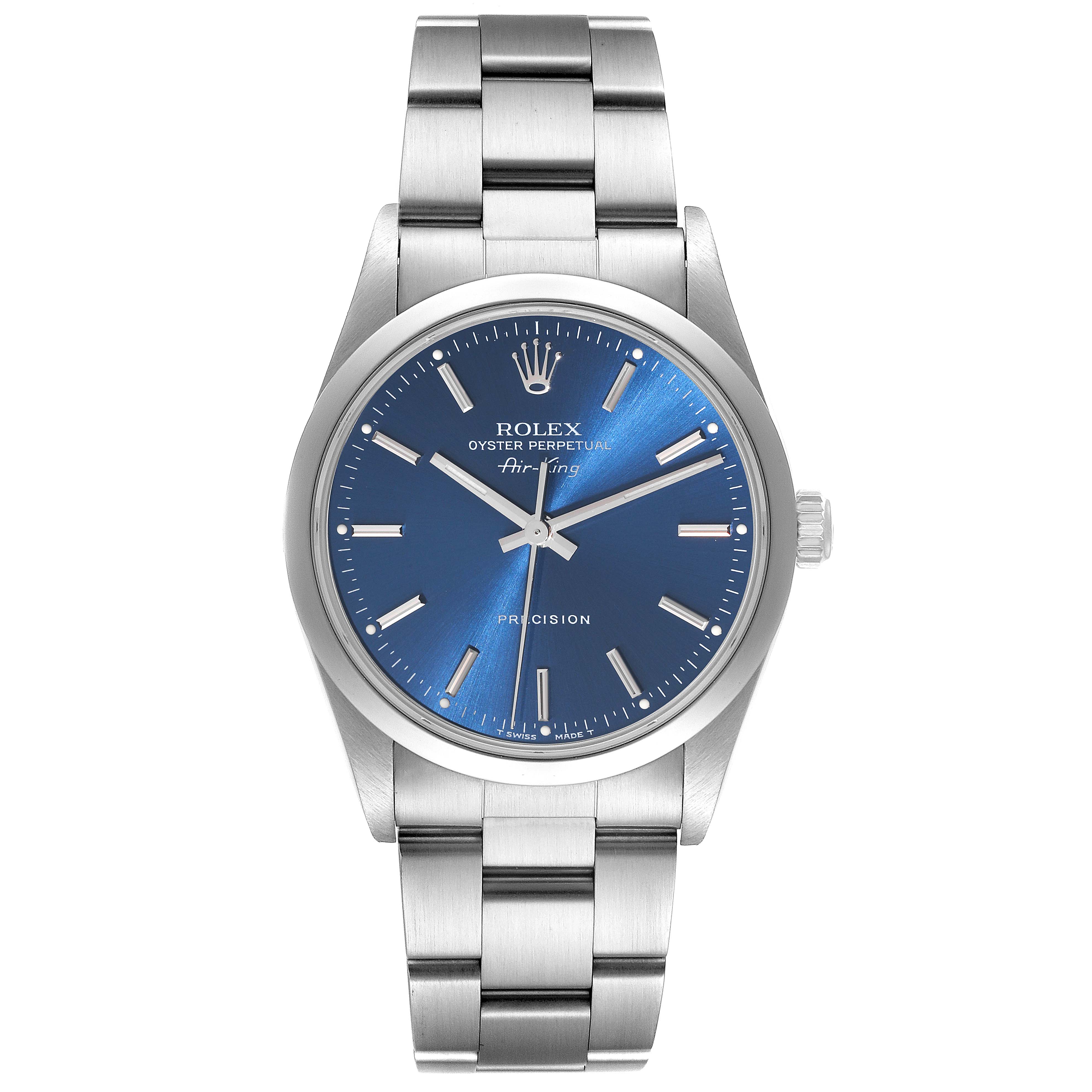 This image shows a frontal view of the Rolex Air-King 14000 Men's Stainless Steel Blue Dial 14000 Men's Stainless Steel Blue Dial watch, highlighting the face, dial, and bracelet.