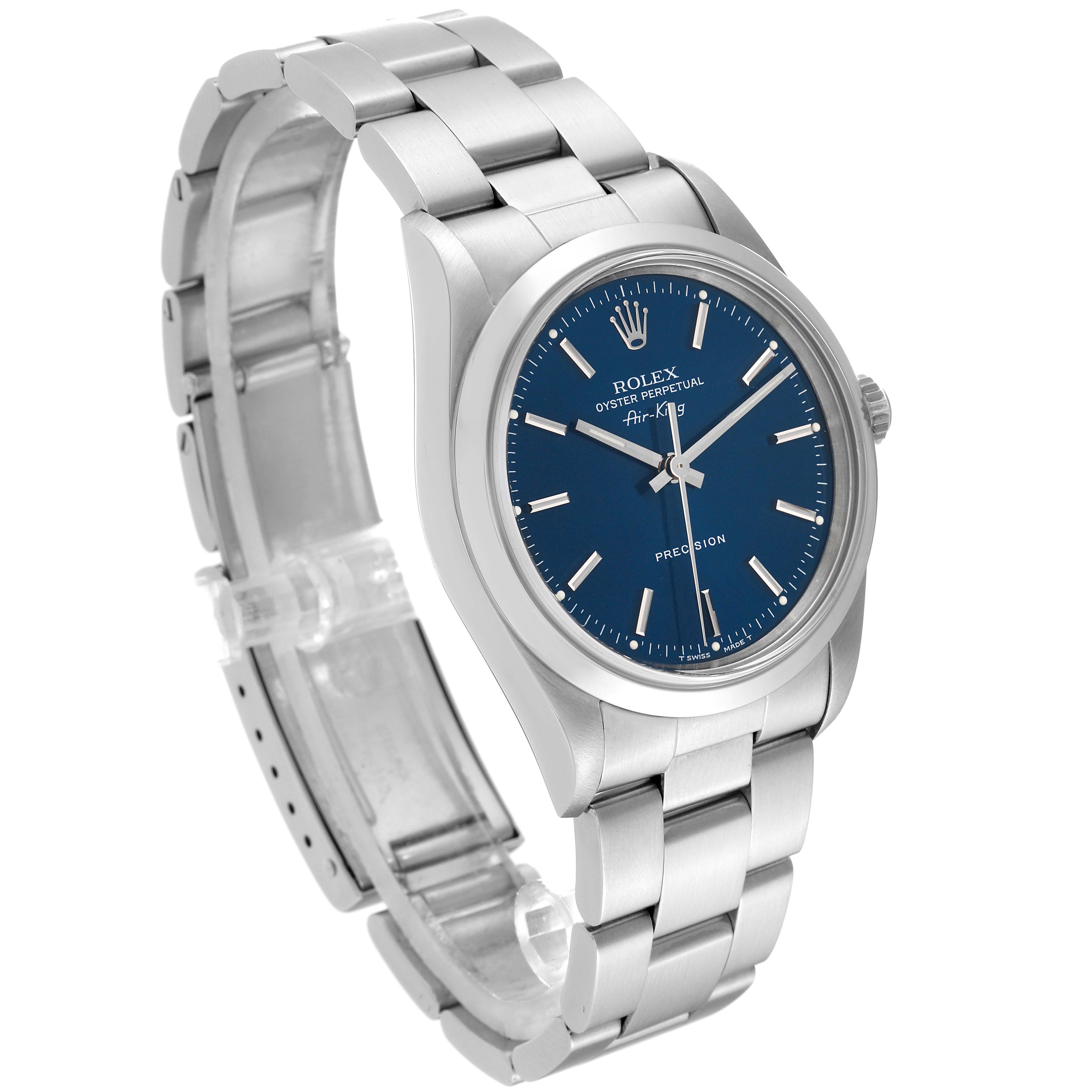 The Rolex Air-King 14000 Men's Stainless Steel Blue Dial 14000 Men's Stainless Steel Blue Dial watch is shown at an angled side view displaying the face, bezel, and part of the metal bracelet.