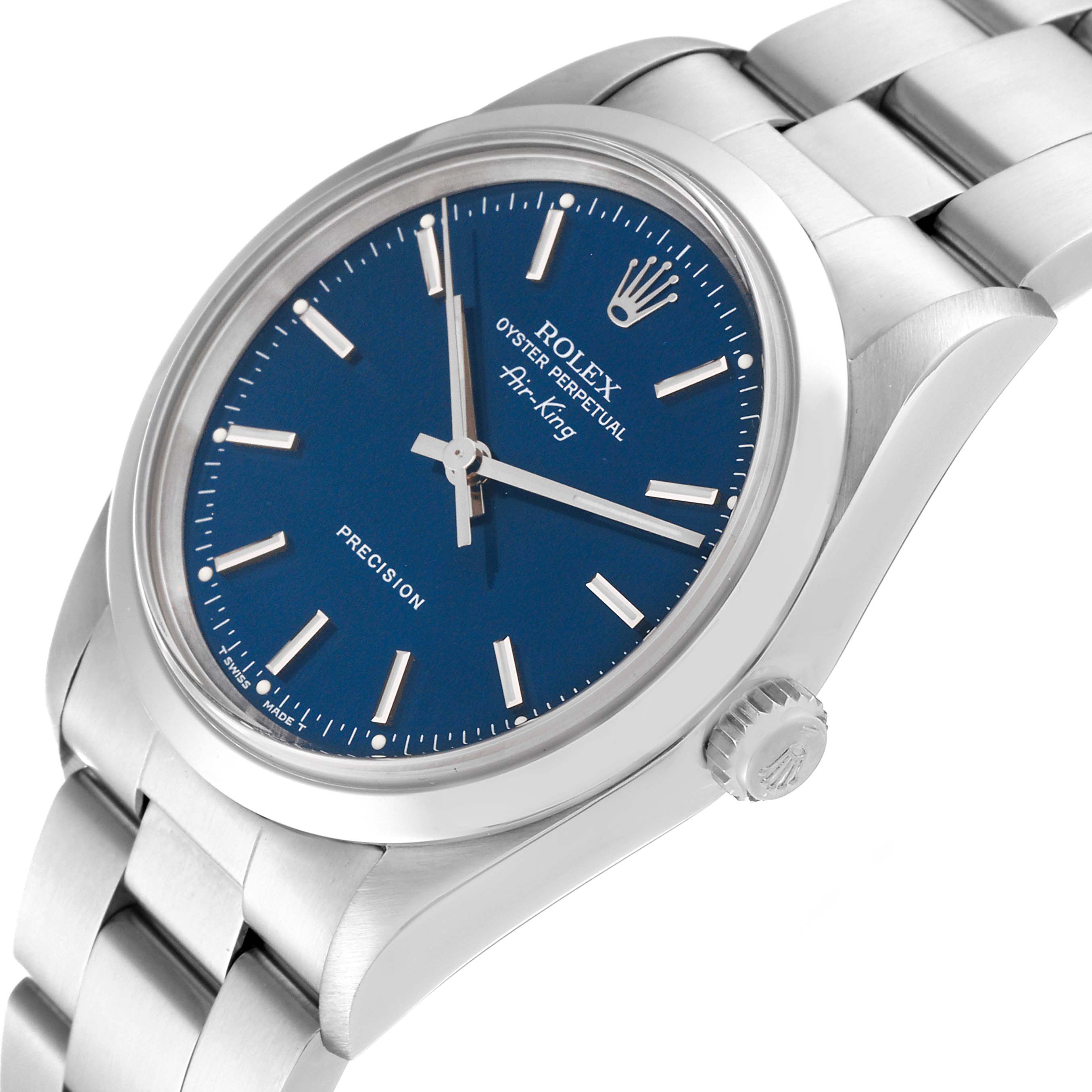 This is a Rolex Air-King 14000 Men's Stainless Steel Blue Dial 14000 Men's Stainless Steel Blue Dial watch shown at a slight angle, highlighting the dial, crown, and part of the bracelet.