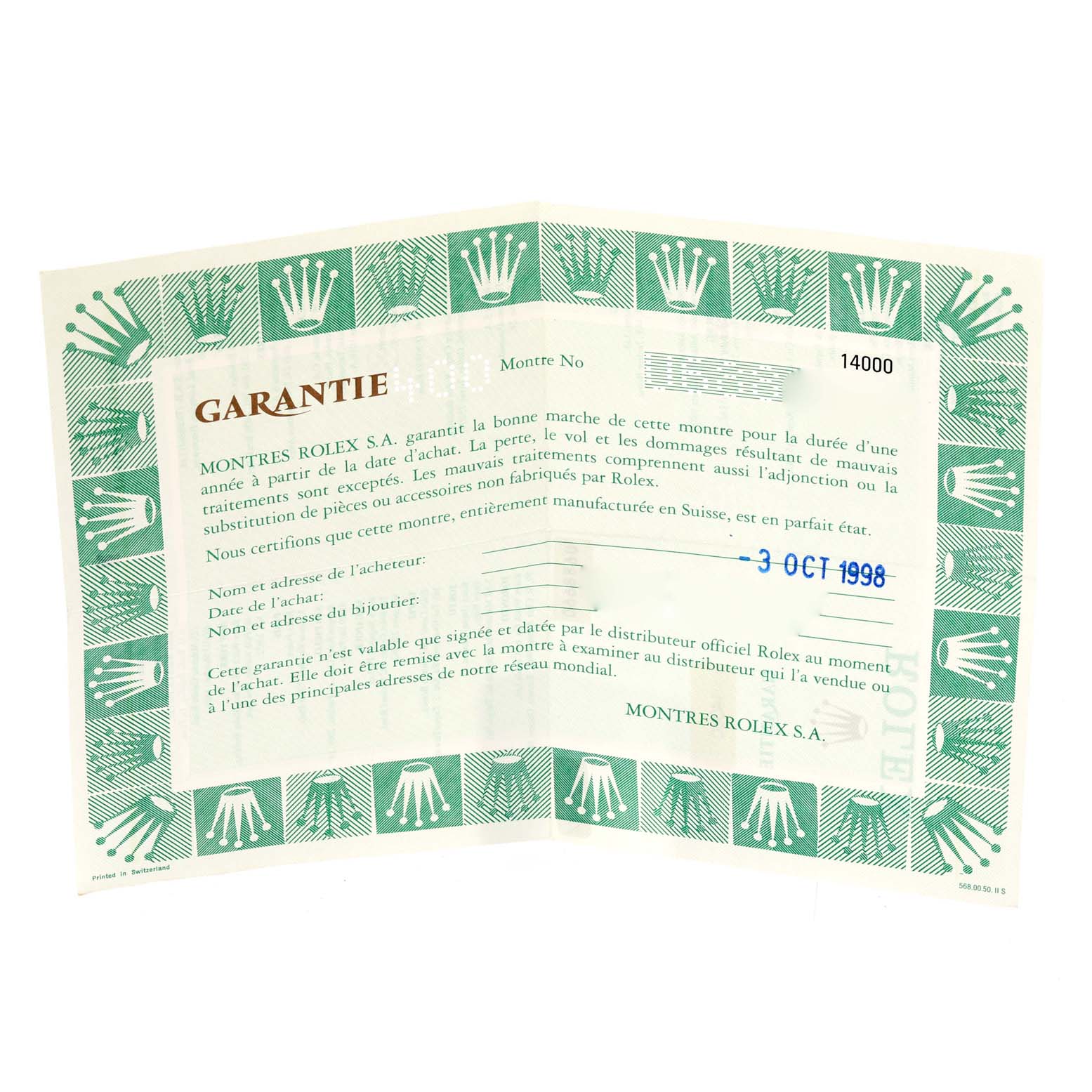 The image shows a warranty card for the Rolex Air-King 14000 Men's Stainless Steel Blue Dial 14000 Men's Stainless Steel Blue Dial watch, dated 3 Oct 1998.