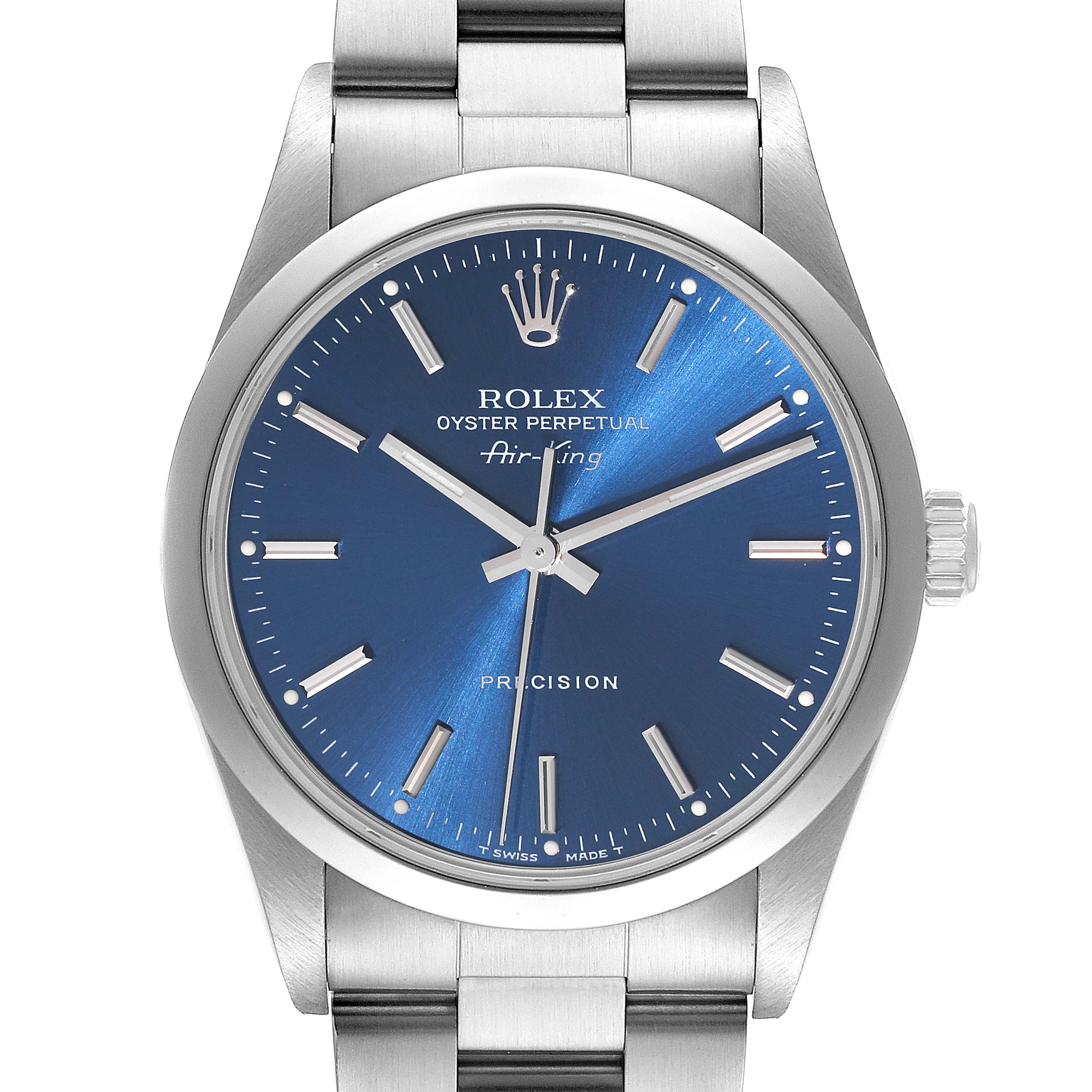 The image shows a frontal view of the Rolex Air-King 14000 Men's Stainless Steel Blue Dial 14000 Men's Stainless Steel Blue Dial watch, highlighting the dial, hands, indices, and bracelet.